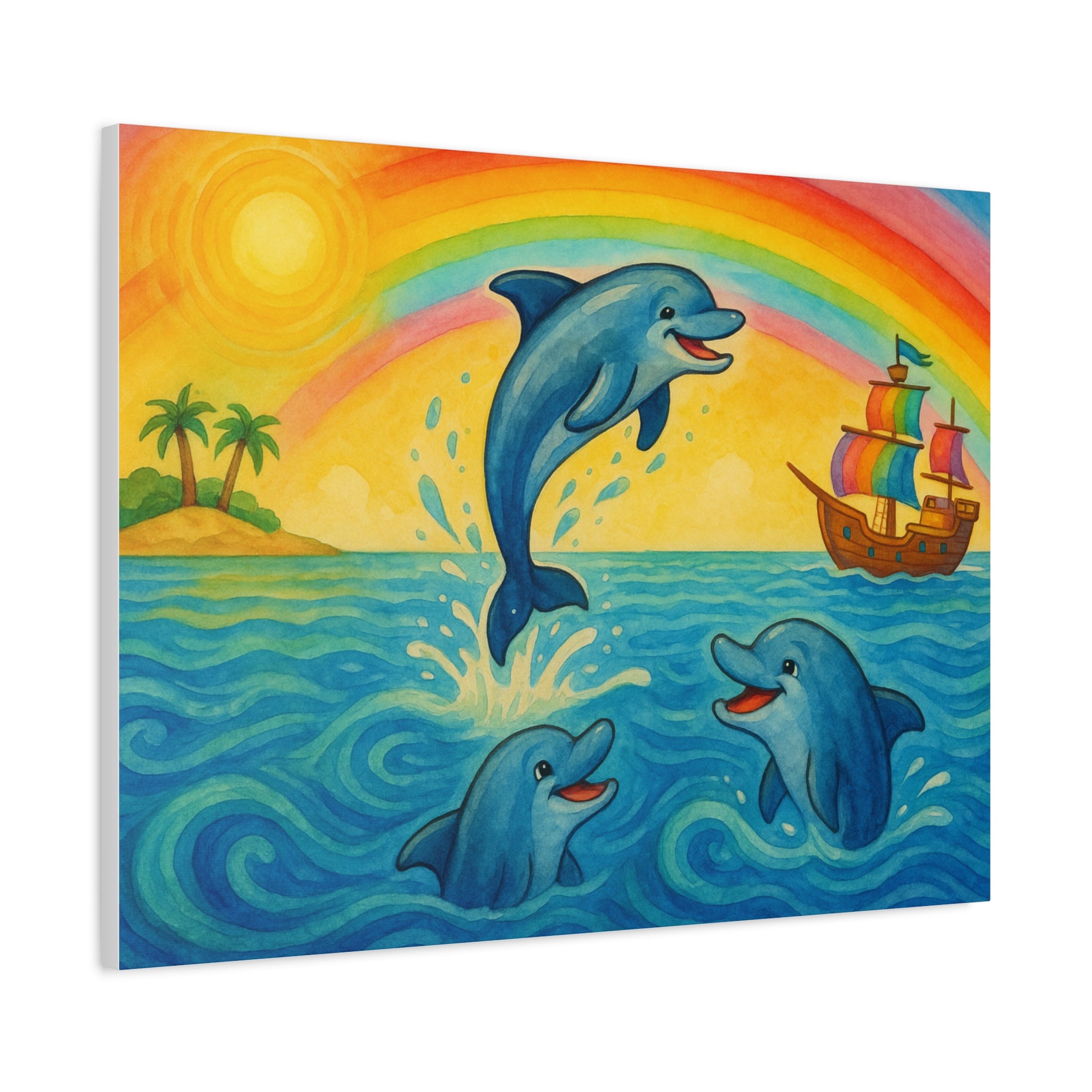 Colorful Dolphin Canvas Wall Art, Nautical Home Decor, Beach Vibes, Kids Bedroom Wall Art, Ocean-Themed Gift, Bright Rainbow Print