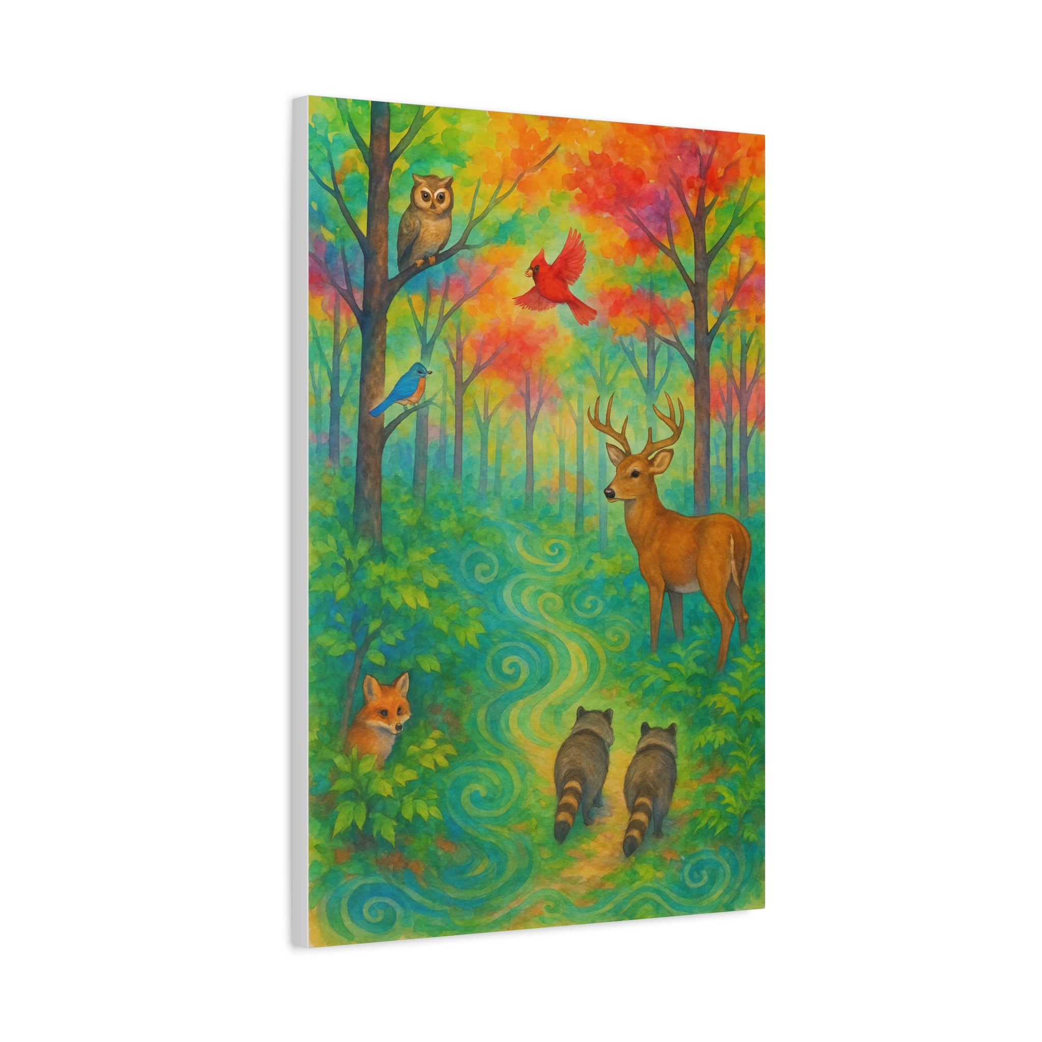 Rainbow Woodland Watercolor Painting – Vibrant Forest with Deer, Fox, Raccoons, and Birds | Nature Wall Art for Living Room or Nursery