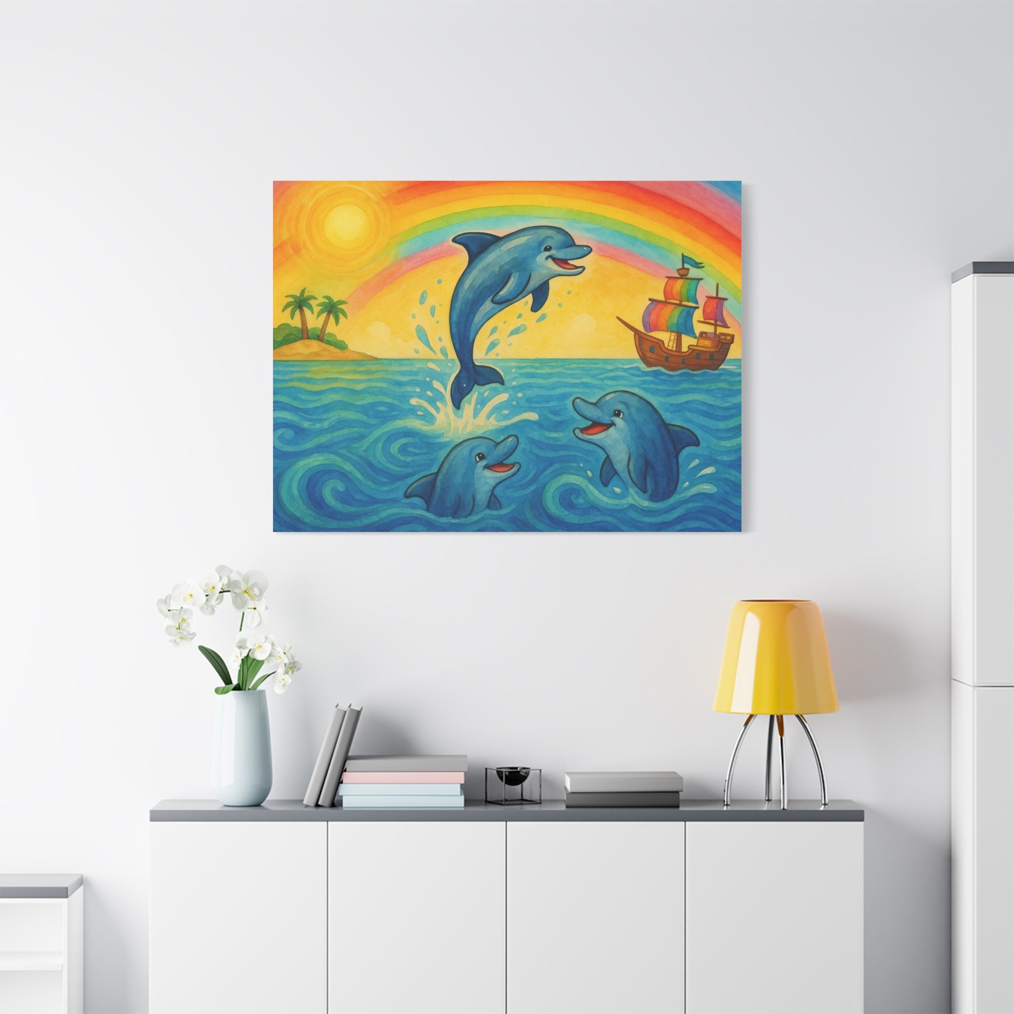 Colorful Dolphin Canvas Wall Art, Nautical Home Decor, Beach Vibes, Kids Bedroom Wall Art, Ocean-Themed Gift, Bright Rainbow Print