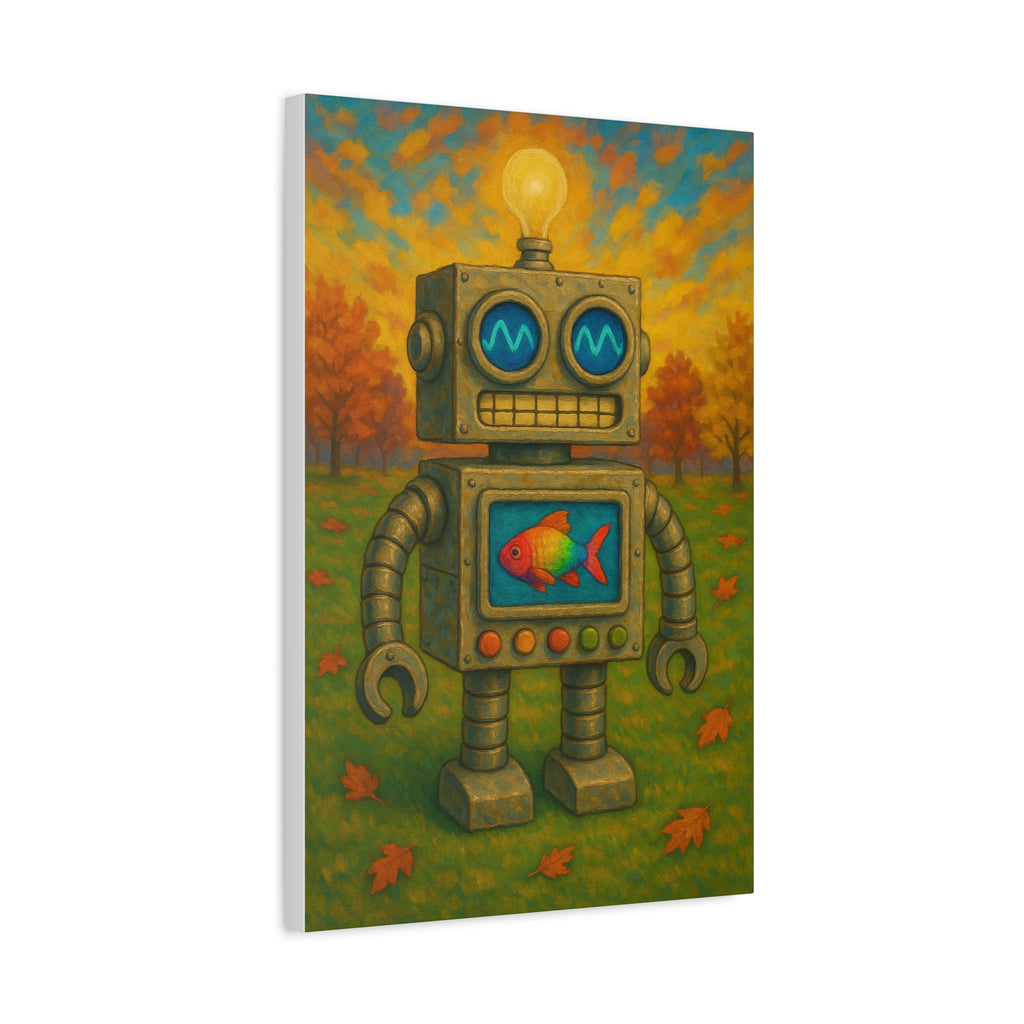 Whimsical Robot & Rainbow Fish – Fall Landscape Canvas Wall Art. Bring warmth and wonder home with this colorful fall-themed robot painting. A playful mix of nature, creativity, and curiosity.