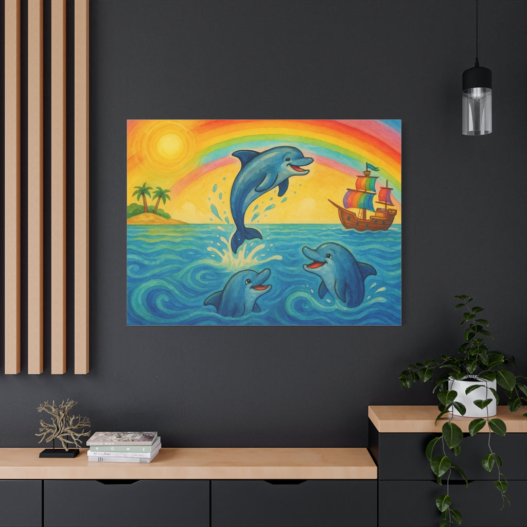 Colorful Dolphin Canvas Wall Art, Nautical Home Decor, Beach Vibes, Kids Bedroom Wall Art, Ocean-Themed Gift, Bright Rainbow Print