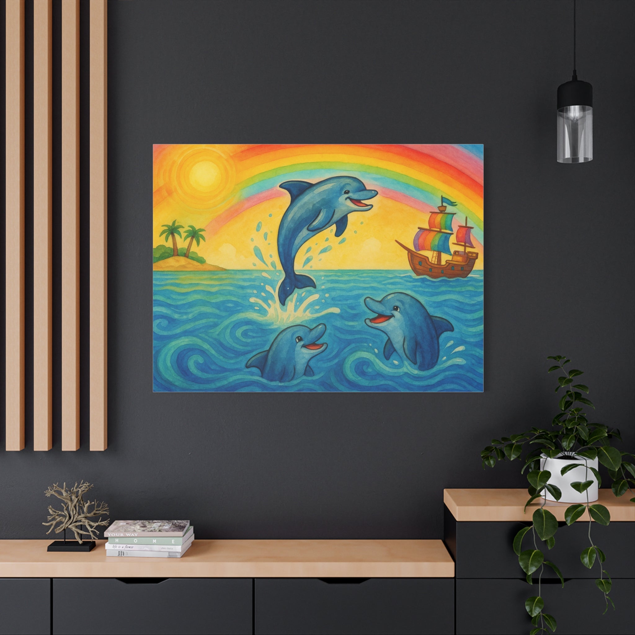 Colorful Dolphin Canvas Wall Art, Nautical Home Decor, Beach Vibes, Kids Bedroom Wall Art, Ocean-Themed Gift, Bright Rainbow Print