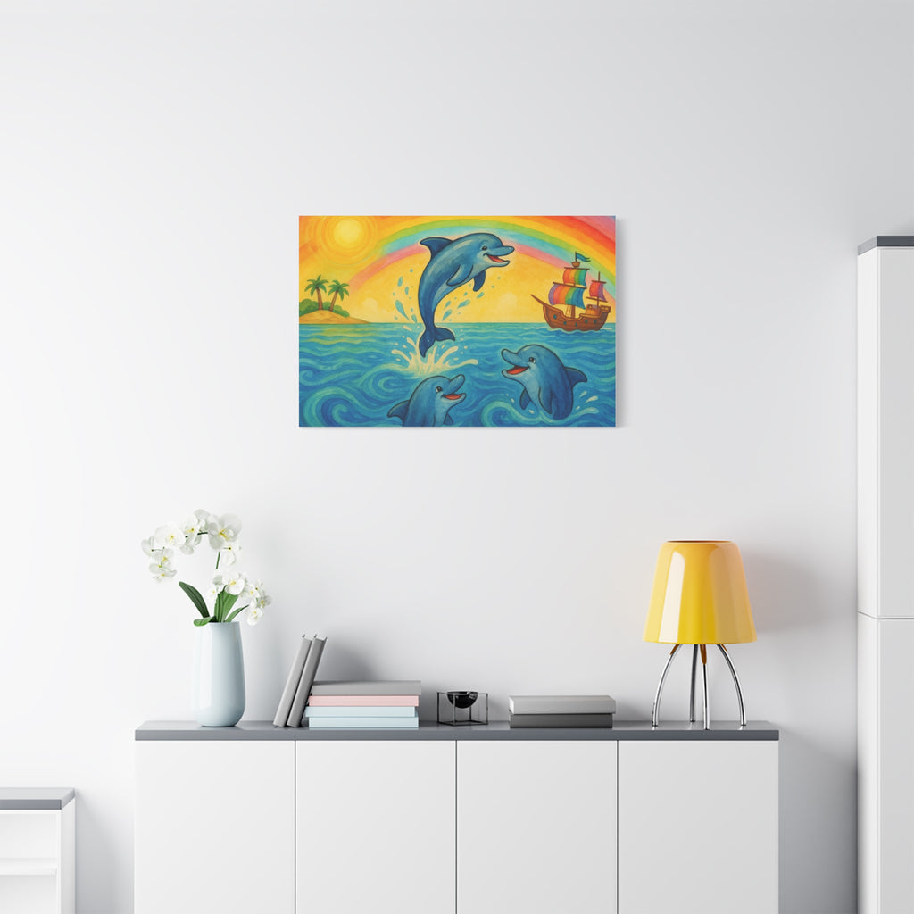 Colorful Dolphin Canvas Wall Art, Nautical Home Decor, Beach Vibes, Kids Bedroom Wall Art, Ocean-Themed Gift, Bright Rainbow Print