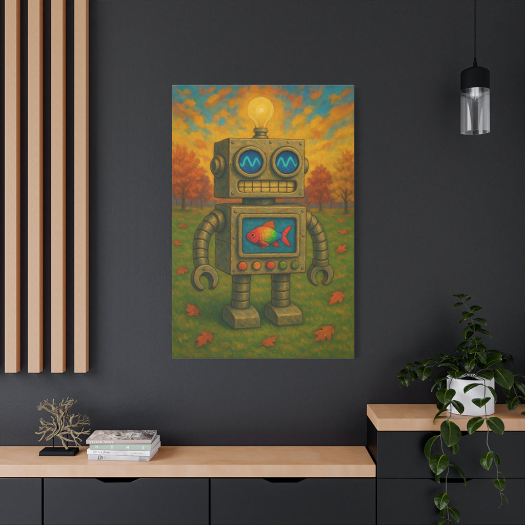 Whimsical Robot & Rainbow Fish – Fall Landscape Canvas Wall Art. Bring warmth and wonder home with this colorful fall-themed robot painting. A playful mix of nature, creativity, and curiosity.