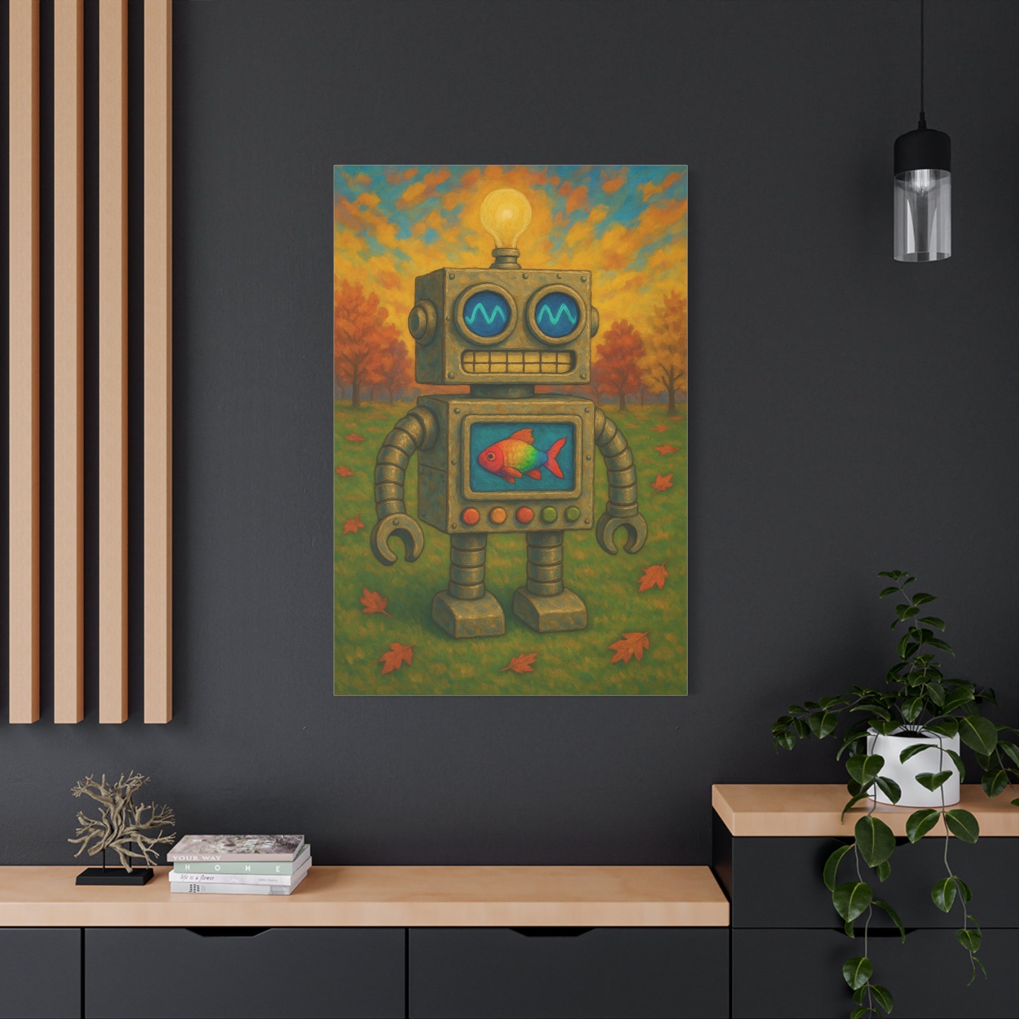 Whimsical Robot & Rainbow Fish – Fall Landscape Canvas Wall Art. Bring warmth and wonder home with this colorful fall-themed robot painting. A playful mix of nature, creativity, and curiosity.