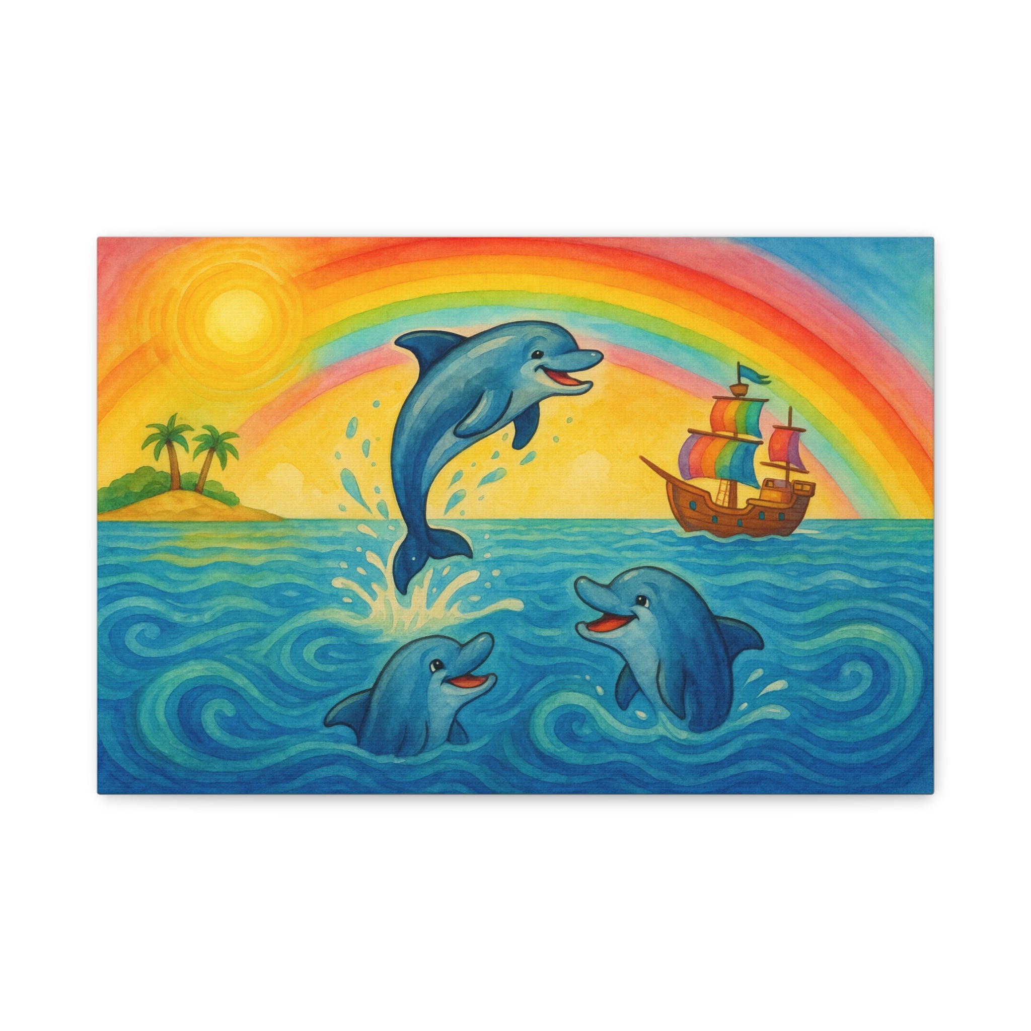 Colorful Dolphin Canvas Wall Art, Nautical Home Decor, Beach Vibes, Kids Bedroom Wall Art, Ocean-Themed Gift, Bright Rainbow Print