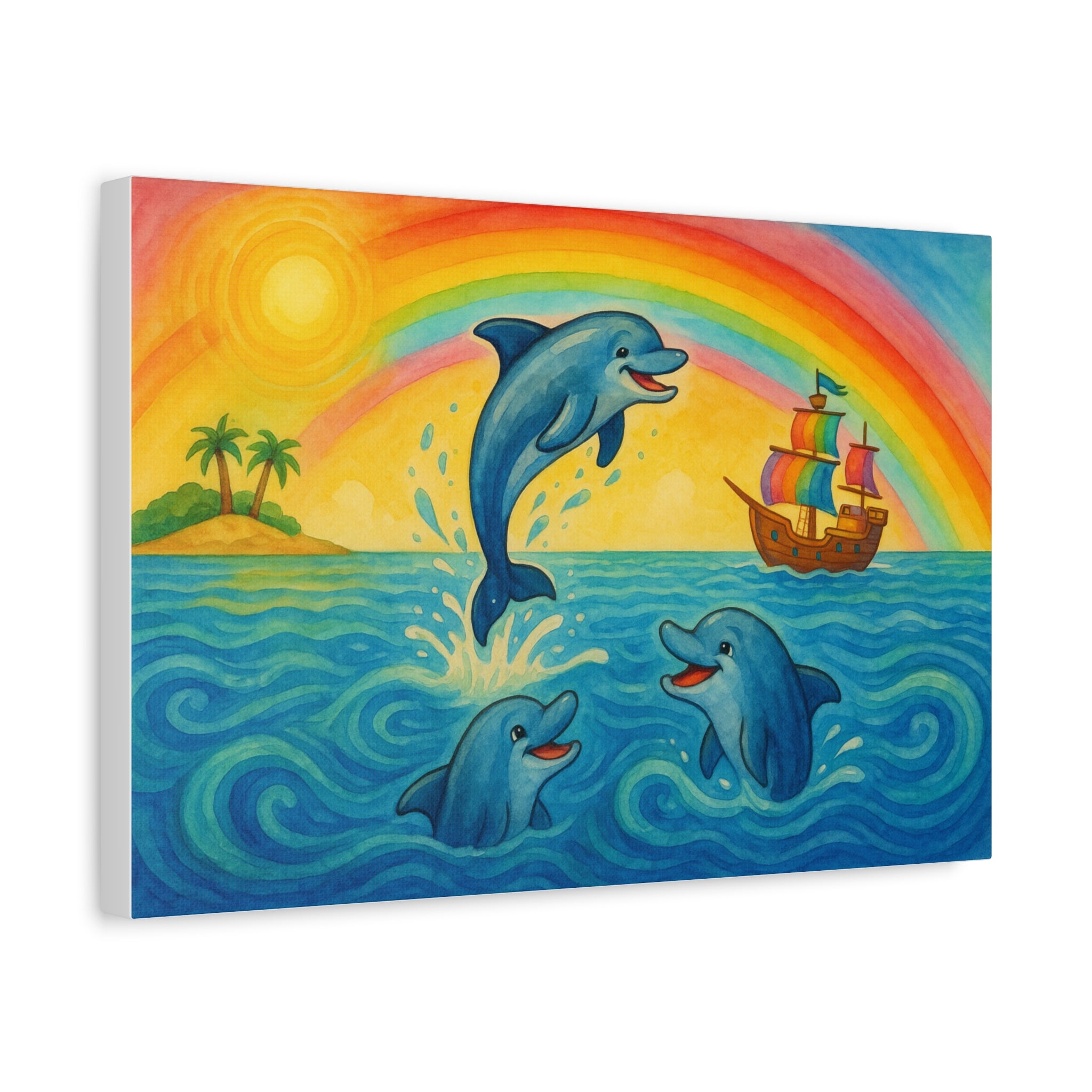 Colorful Dolphin Canvas Wall Art, Nautical Home Decor, Beach Vibes, Kids Bedroom Wall Art, Ocean-Themed Gift, Bright Rainbow Print