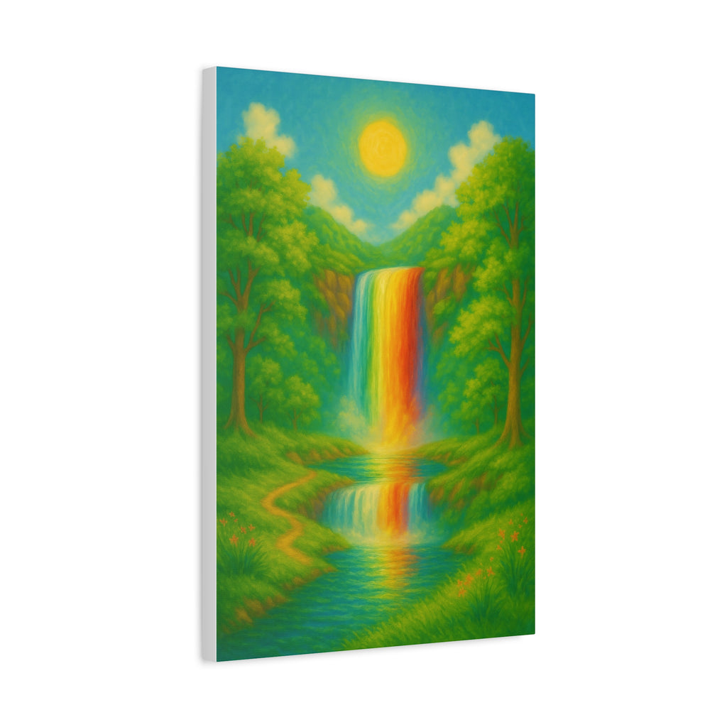 Rainbow Waterfall Landscape, Vibrant Nature Wall Art with Golden Sun and Lush Green Forest