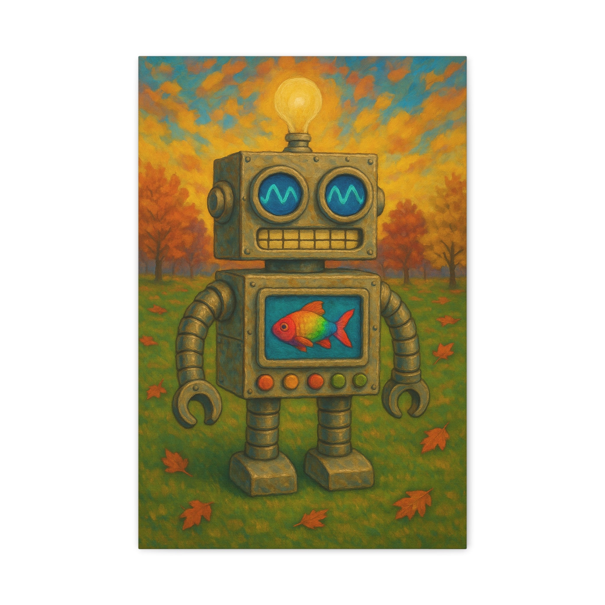 Whimsical Robot & Rainbow Fish – Fall Landscape Canvas Wall Art. Bring warmth and wonder home with this colorful fall-themed robot painting. A playful mix of nature, creativity, and curiosity.