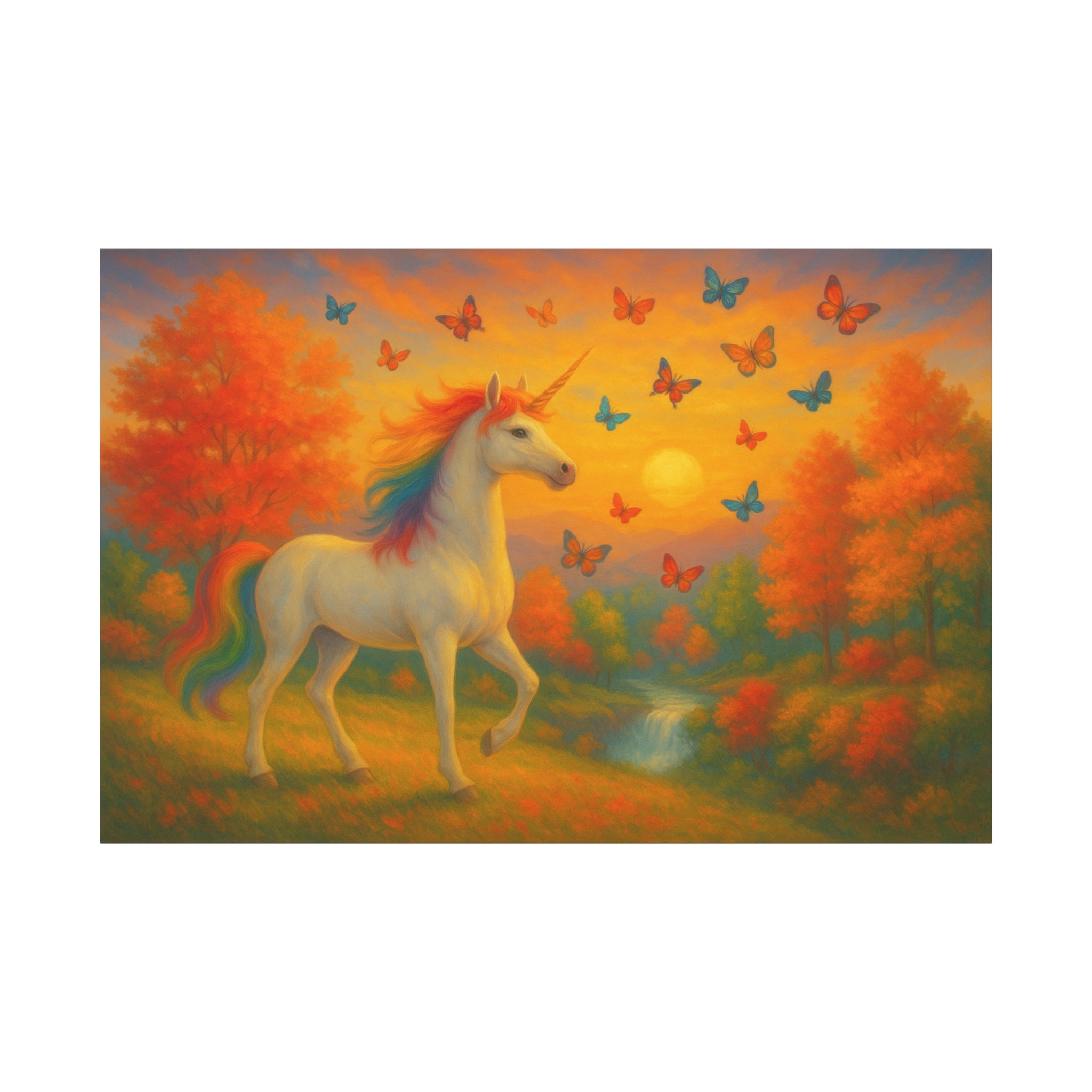 Whimsical Unicorn at Sunset, Rainbow Butterflies Fantasy Canvas Wall Art for Kids and Dreamers, A Magical Rainbow Moment in Nature