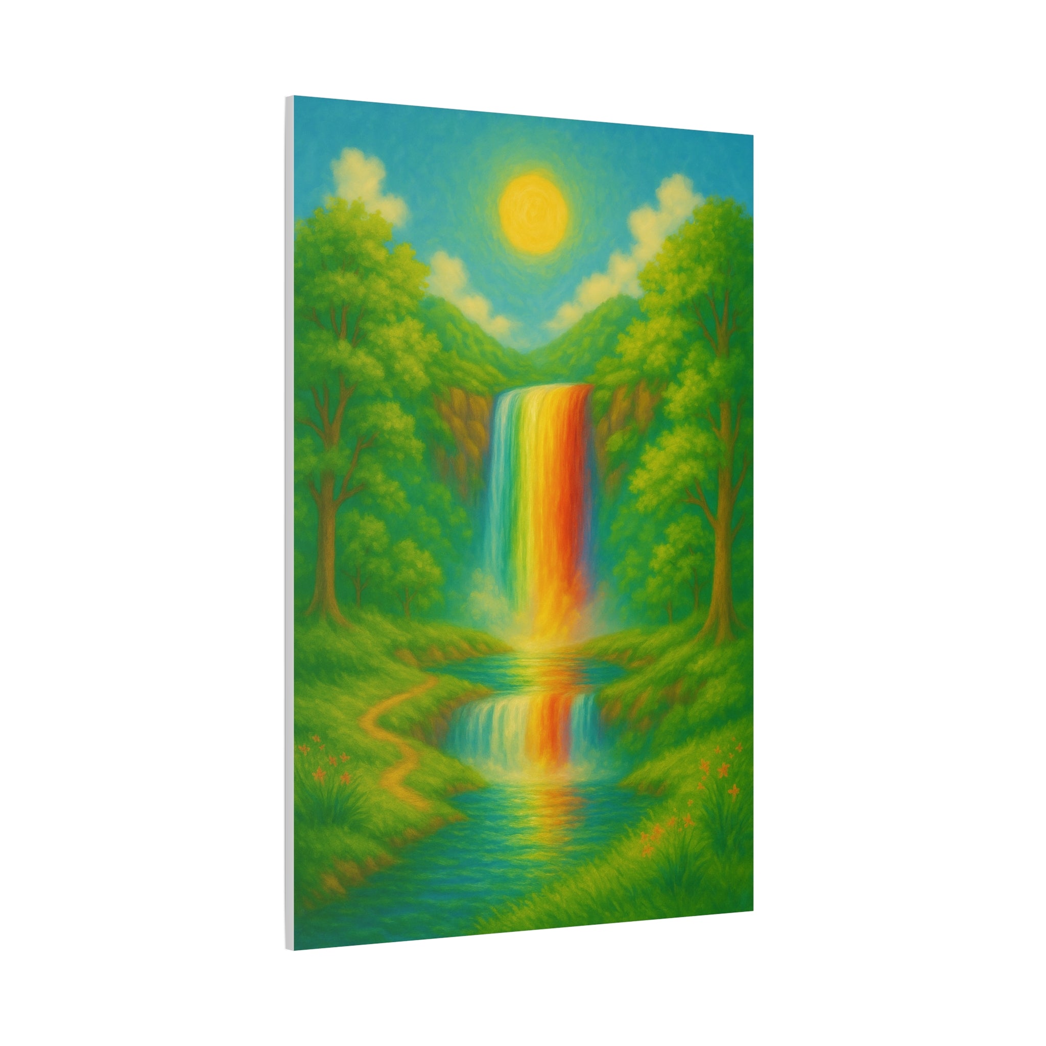 Rainbow Waterfall Landscape, Vibrant Nature Wall Art with Golden Sun and Lush Green Forest
