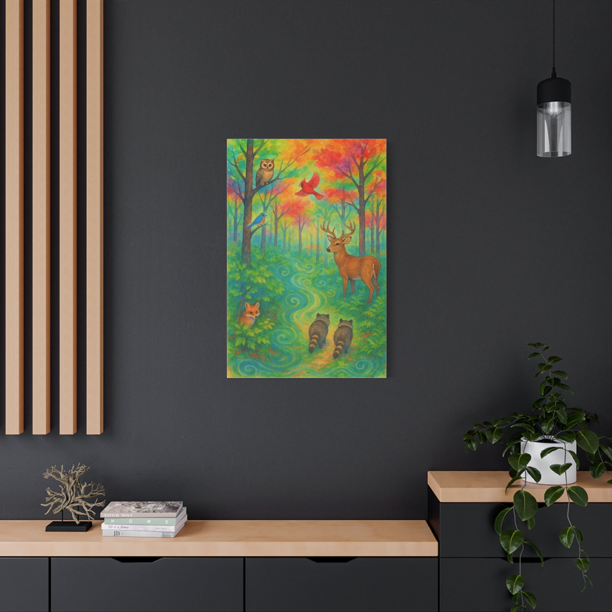 Rainbow Woodland Watercolor Painting – Vibrant Forest with Deer, Fox, Raccoons, and Birds | Nature Wall Art for Living Room or Nursery
