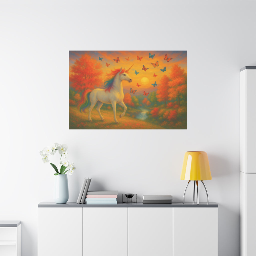 Whimsical Unicorn at Sunset, Rainbow Butterflies Fantasy Canvas Wall Art for Kids and Dreamers, A Magical Rainbow Moment in Nature