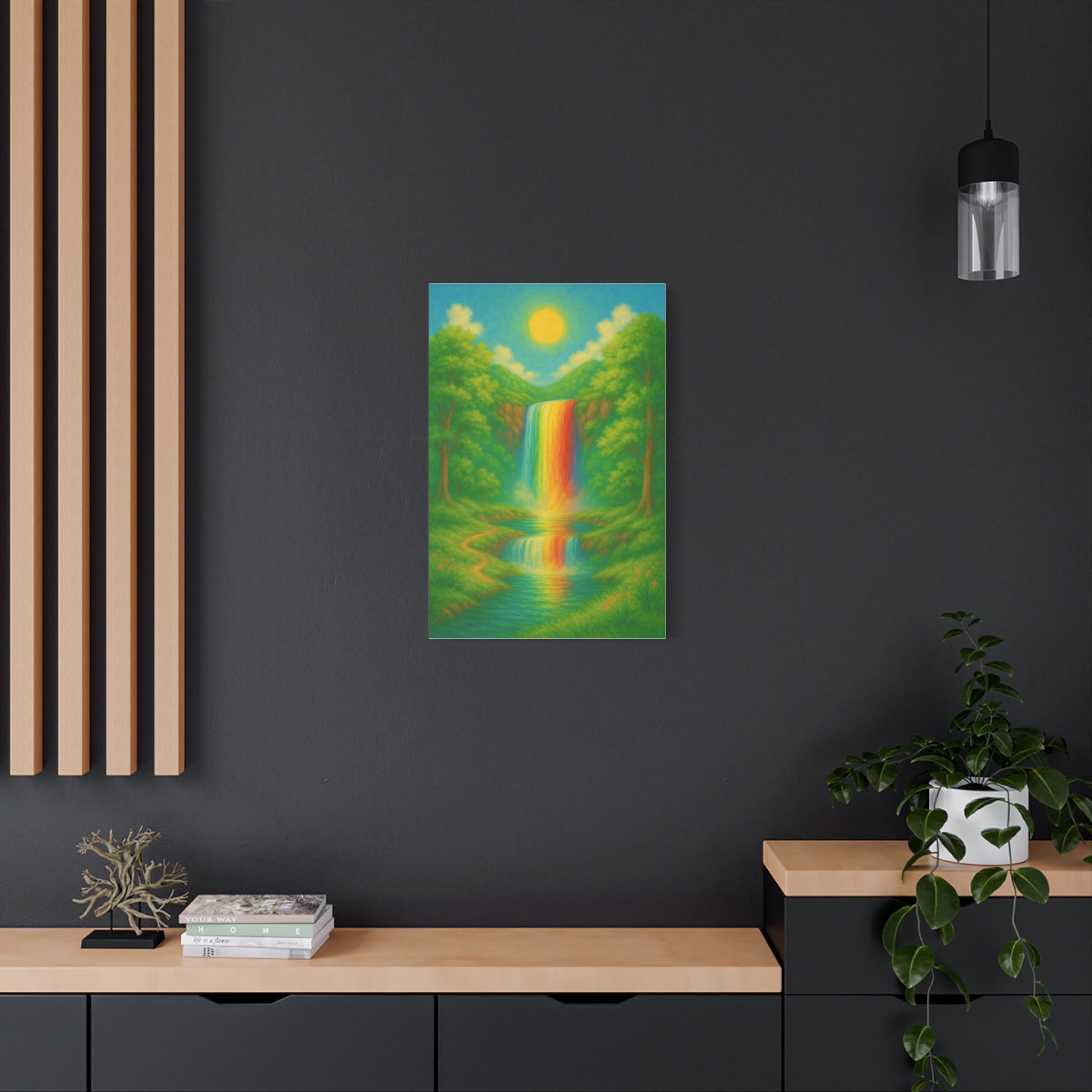 Rainbow Waterfall Landscape, Vibrant Nature Wall Art with Golden Sun and Lush Green Forest