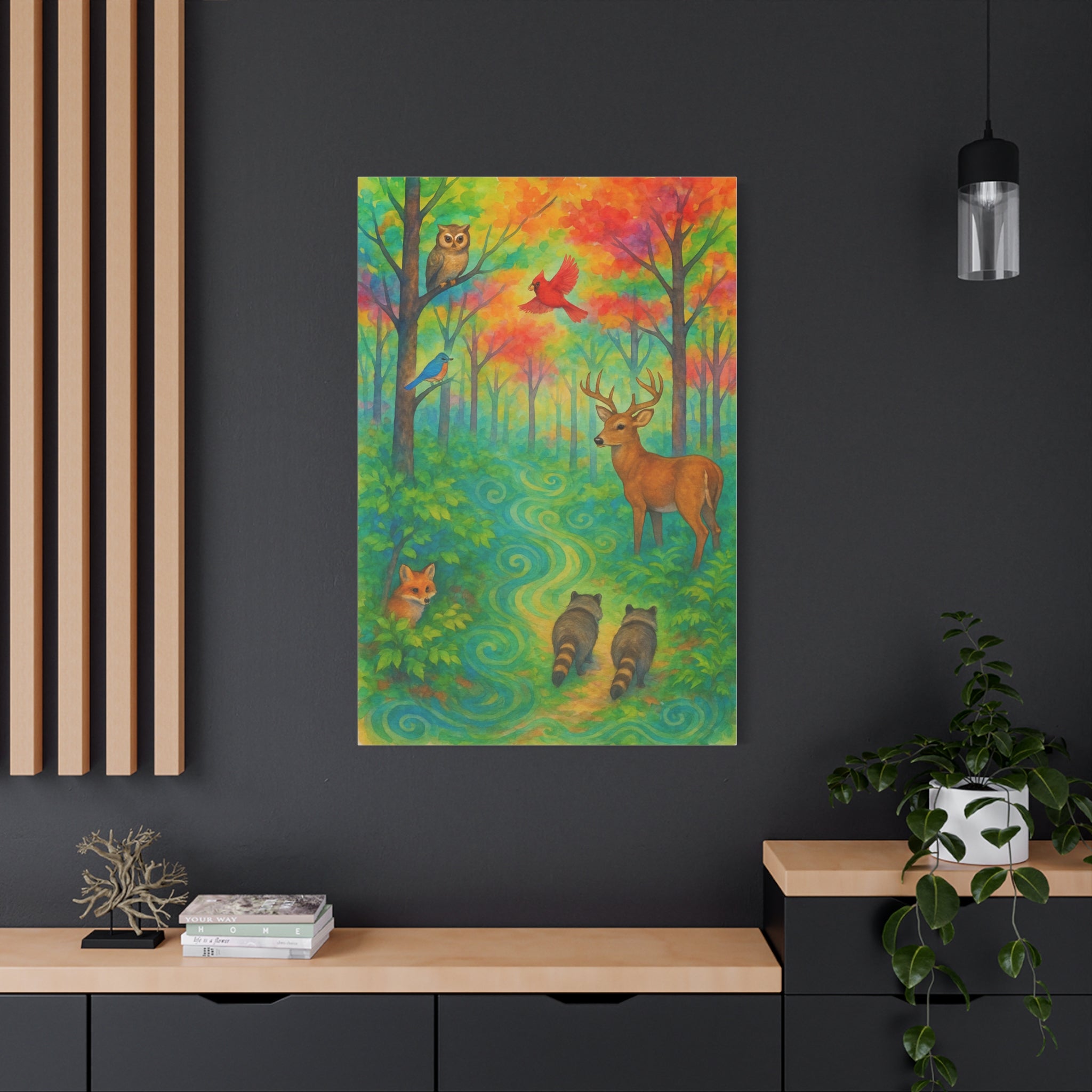 Rainbow Woodland Watercolor Painting – Vibrant Forest with Deer, Fox, Raccoons, and Birds | Nature Wall Art for Living Room or Nursery