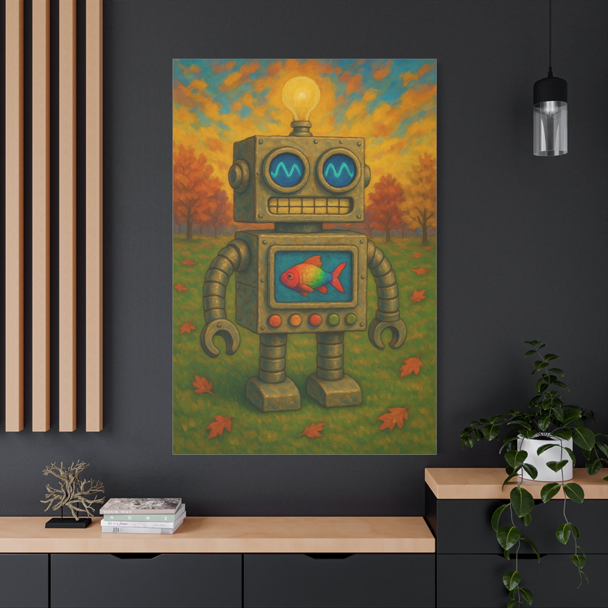 Whimsical Robot & Rainbow Fish – Fall Landscape Canvas Wall Art. Bring warmth and wonder home with this colorful fall-themed robot painting. A playful mix of nature, creativity, and curiosity.