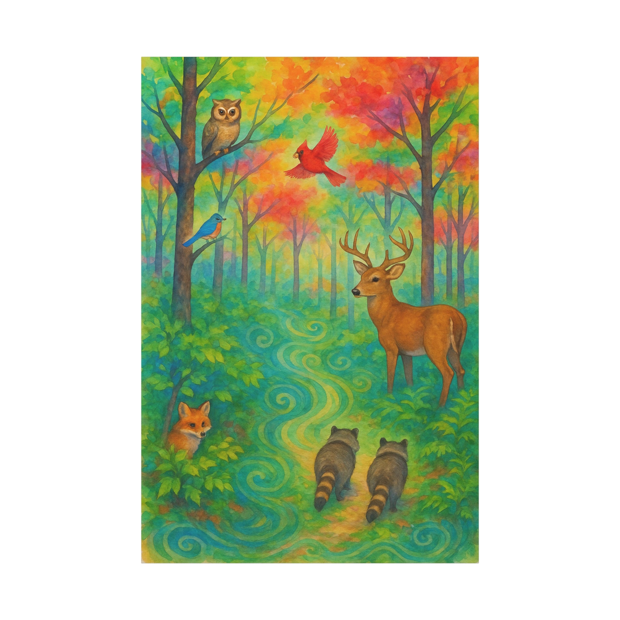 Rainbow Woodland Watercolor Painting – Vibrant Forest with Deer, Fox, Raccoons, and Birds | Nature Wall Art for Living Room or Nursery
