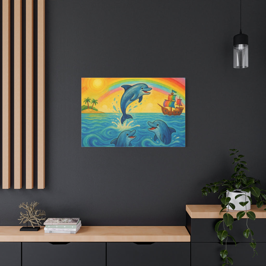 Colorful Dolphin Canvas Wall Art, Nautical Home Decor, Beach Vibes, Kids Bedroom Wall Art, Ocean-Themed Gift, Bright Rainbow Print
