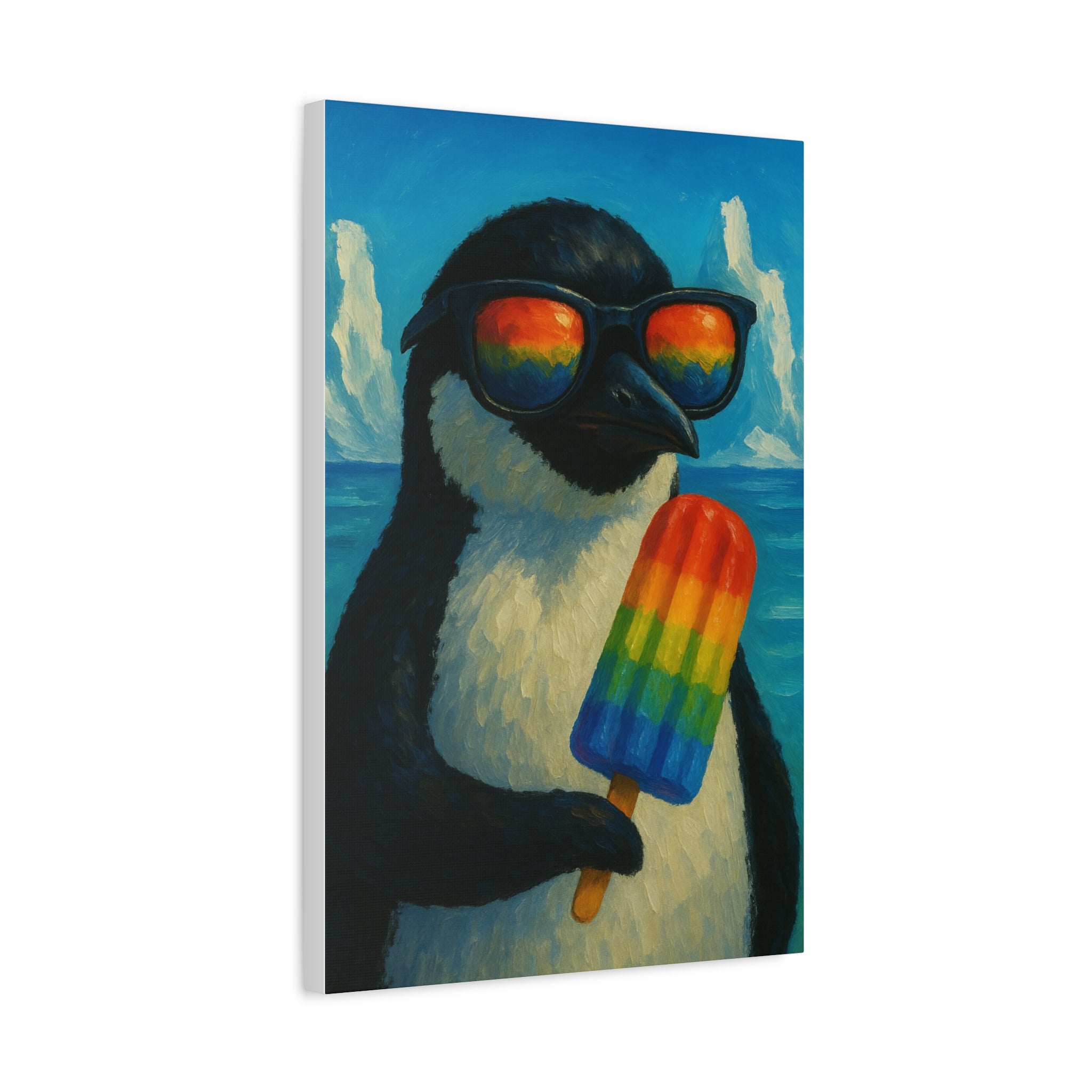 Colorful Penguin Canvas Art, Rainbow Popsicle Print, Beach Decor, Fun Wall Art, Gift for Animal Lovers, Summer Vibe