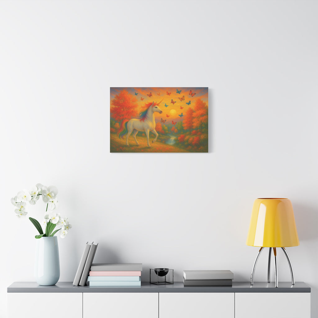 Whimsical Unicorn at Sunset, Rainbow Butterflies Fantasy Canvas Wall Art for Kids and Dreamers, A Magical Rainbow Moment in Nature