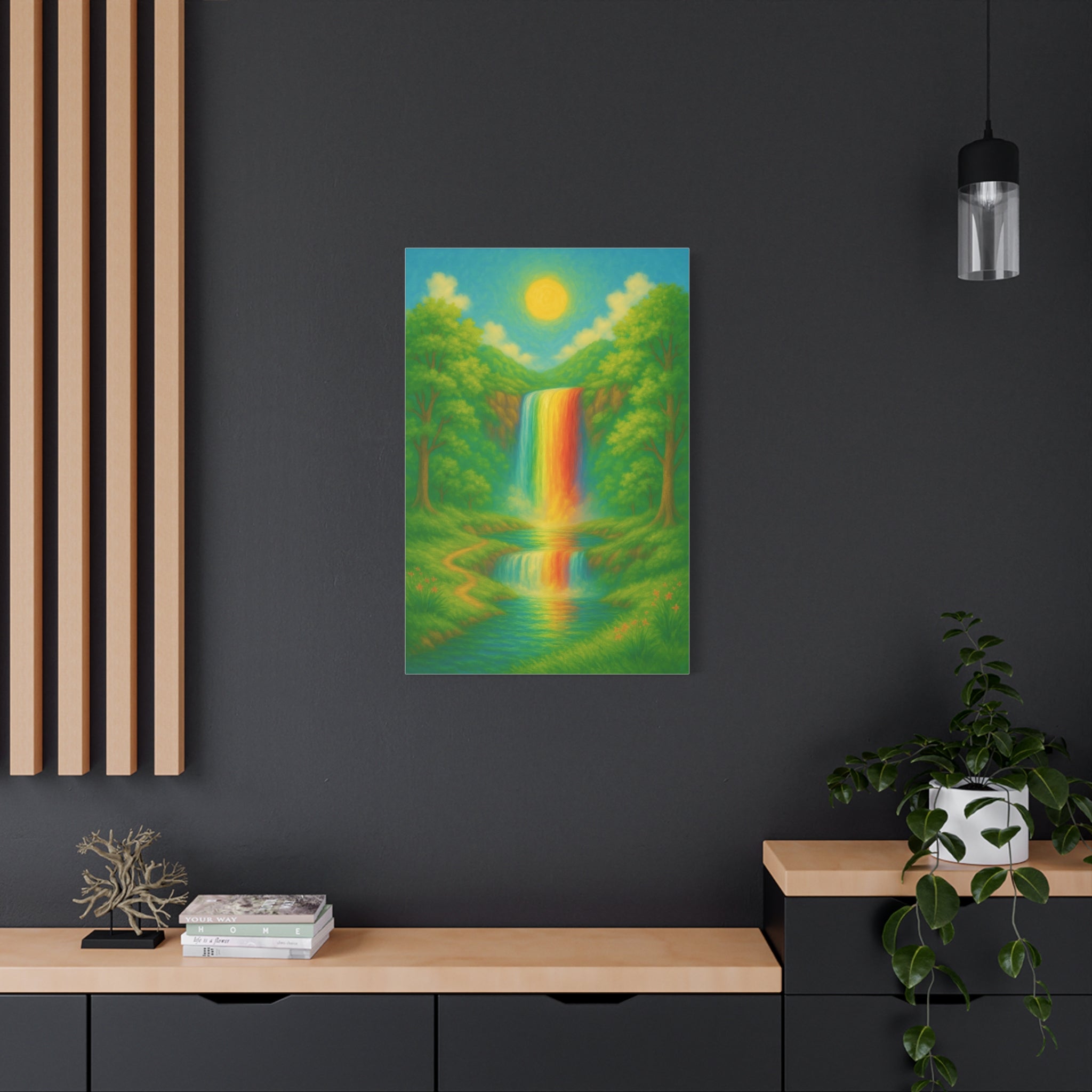 Rainbow Waterfall Landscape, Vibrant Nature Wall Art with Golden Sun and Lush Green Forest