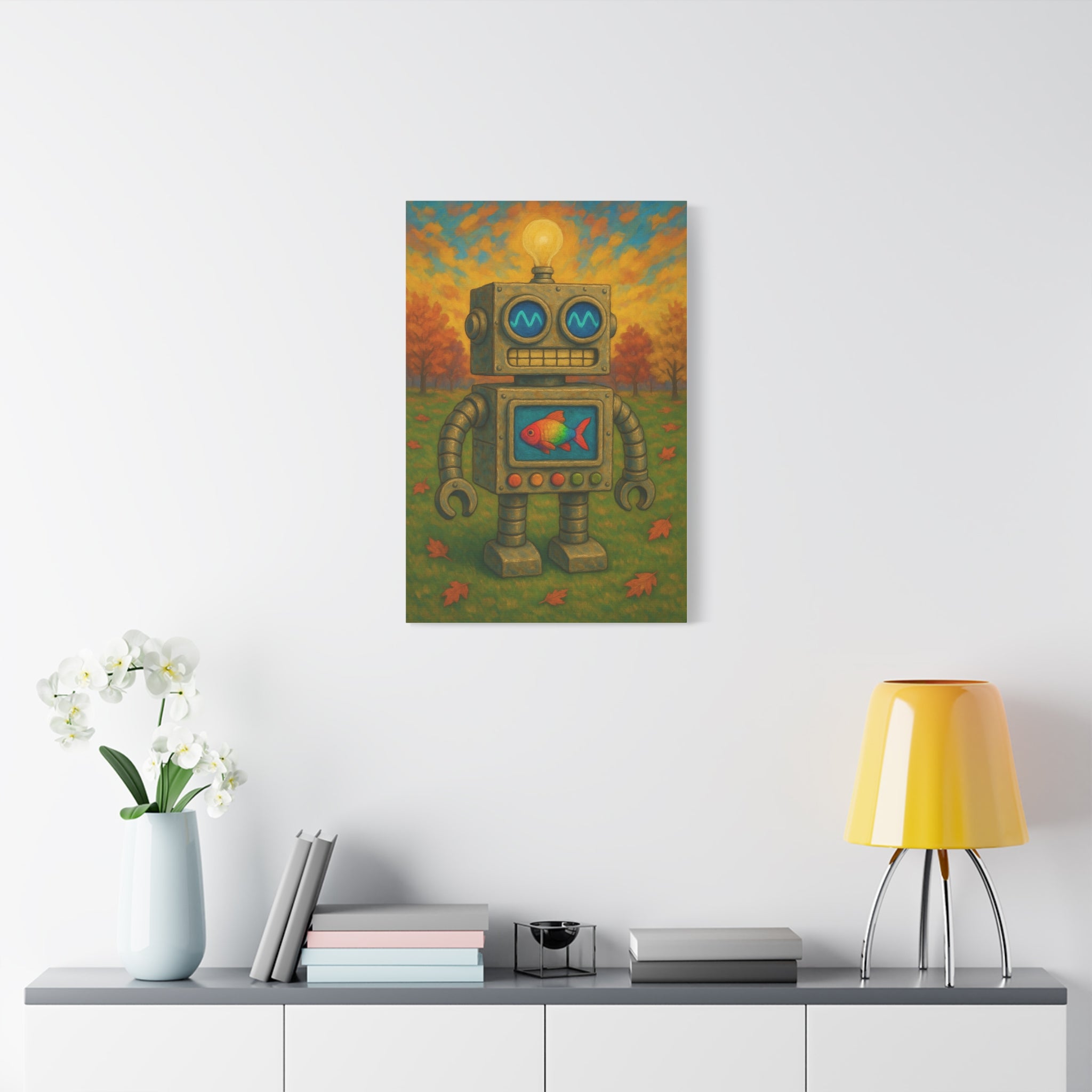 Whimsical Robot & Rainbow Fish – Fall Landscape Canvas Wall Art. Bring warmth and wonder home with this colorful fall-themed robot painting. A playful mix of nature, creativity, and curiosity.
