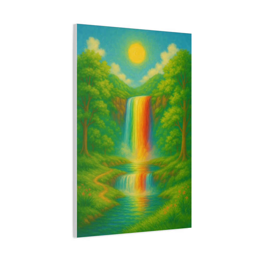Rainbow Waterfall Landscape, Vibrant Nature Wall Art with Golden Sun and Lush Green Forest