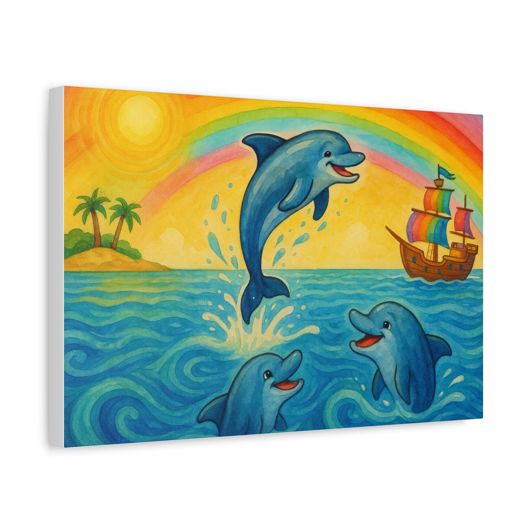 Colorful Dolphin Canvas Wall Art, Nautical Home Decor, Beach Vibes, Kids Bedroom Wall Art, Ocean-Themed Gift, Bright Rainbow Print