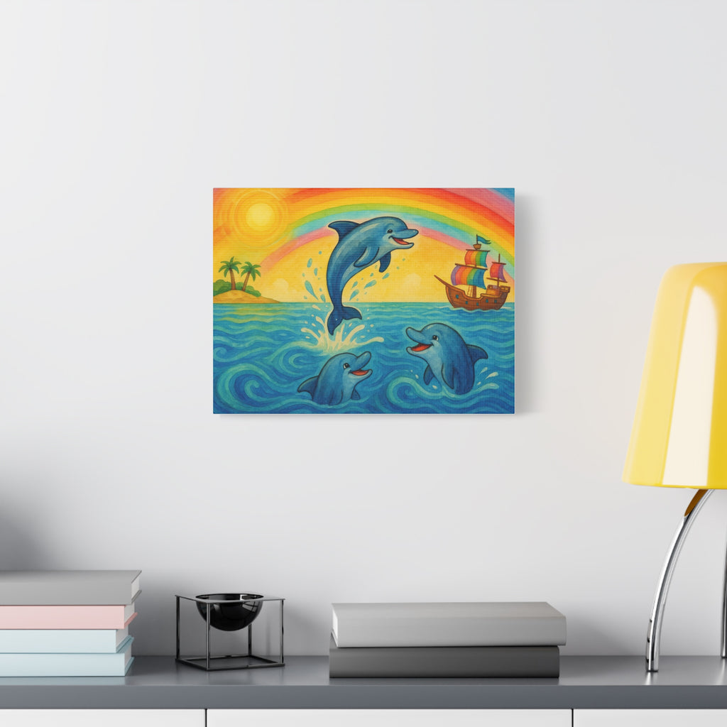 Colorful Dolphin Canvas Wall Art, Nautical Home Decor, Beach Vibes, Kids Bedroom Wall Art, Ocean-Themed Gift, Bright Rainbow Print
