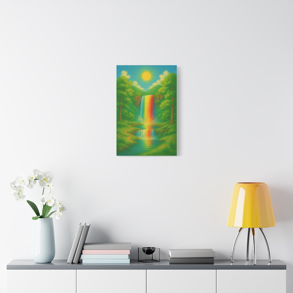 Rainbow Waterfall Landscape, Vibrant Nature Wall Art with Golden Sun and Lush Green Forest