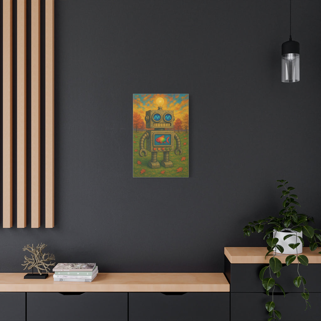 Whimsical Robot & Rainbow Fish – Fall Landscape Canvas Wall Art. Bring warmth and wonder home with this colorful fall-themed robot painting. A playful mix of nature, creativity, and curiosity.