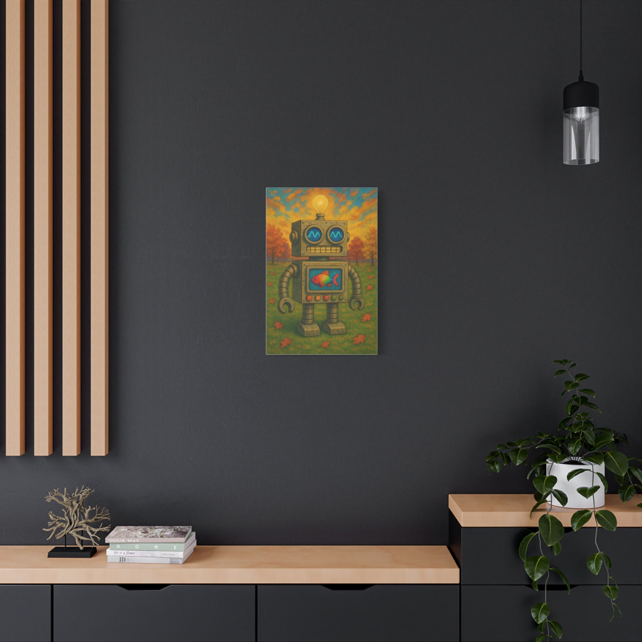 Whimsical Robot & Rainbow Fish – Fall Landscape Canvas Wall Art. Bring warmth and wonder home with this colorful fall-themed robot painting. A playful mix of nature, creativity, and curiosity.
