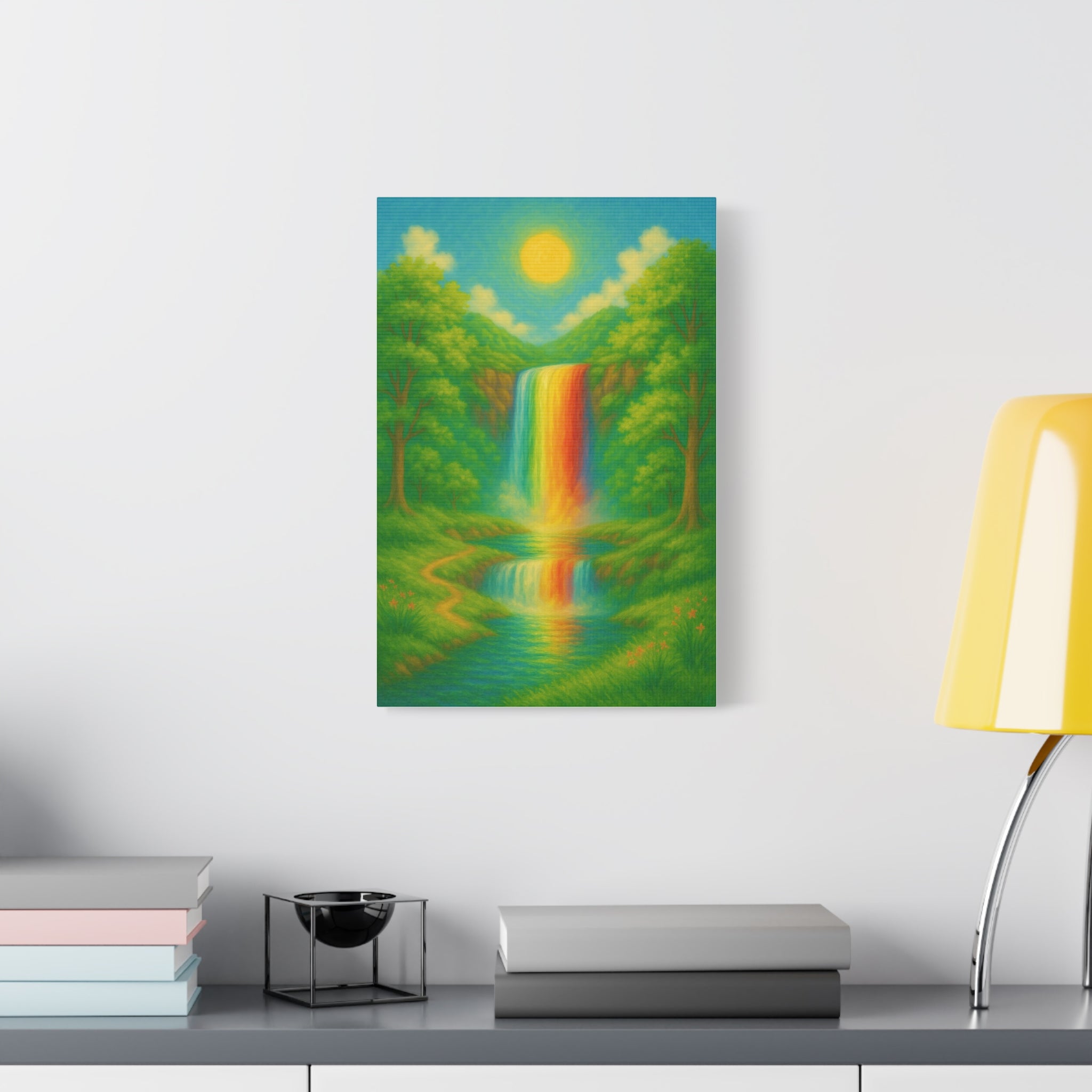 Rainbow Waterfall Landscape, Vibrant Nature Wall Art with Golden Sun and Lush Green Forest