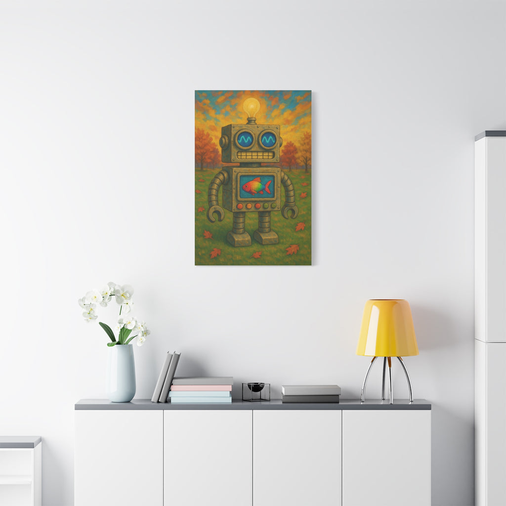 Whimsical Robot & Rainbow Fish – Fall Landscape Canvas Wall Art. Bring warmth and wonder home with this colorful fall-themed robot painting. A playful mix of nature, creativity, and curiosity.