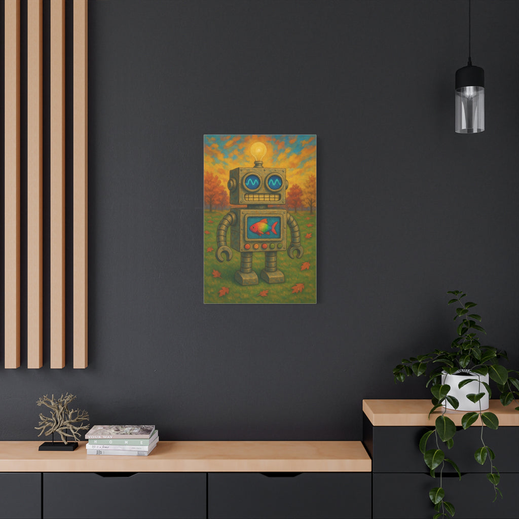 Whimsical Robot & Rainbow Fish – Fall Landscape Canvas Wall Art. Bring warmth and wonder home with this colorful fall-themed robot painting. A playful mix of nature, creativity, and curiosity.