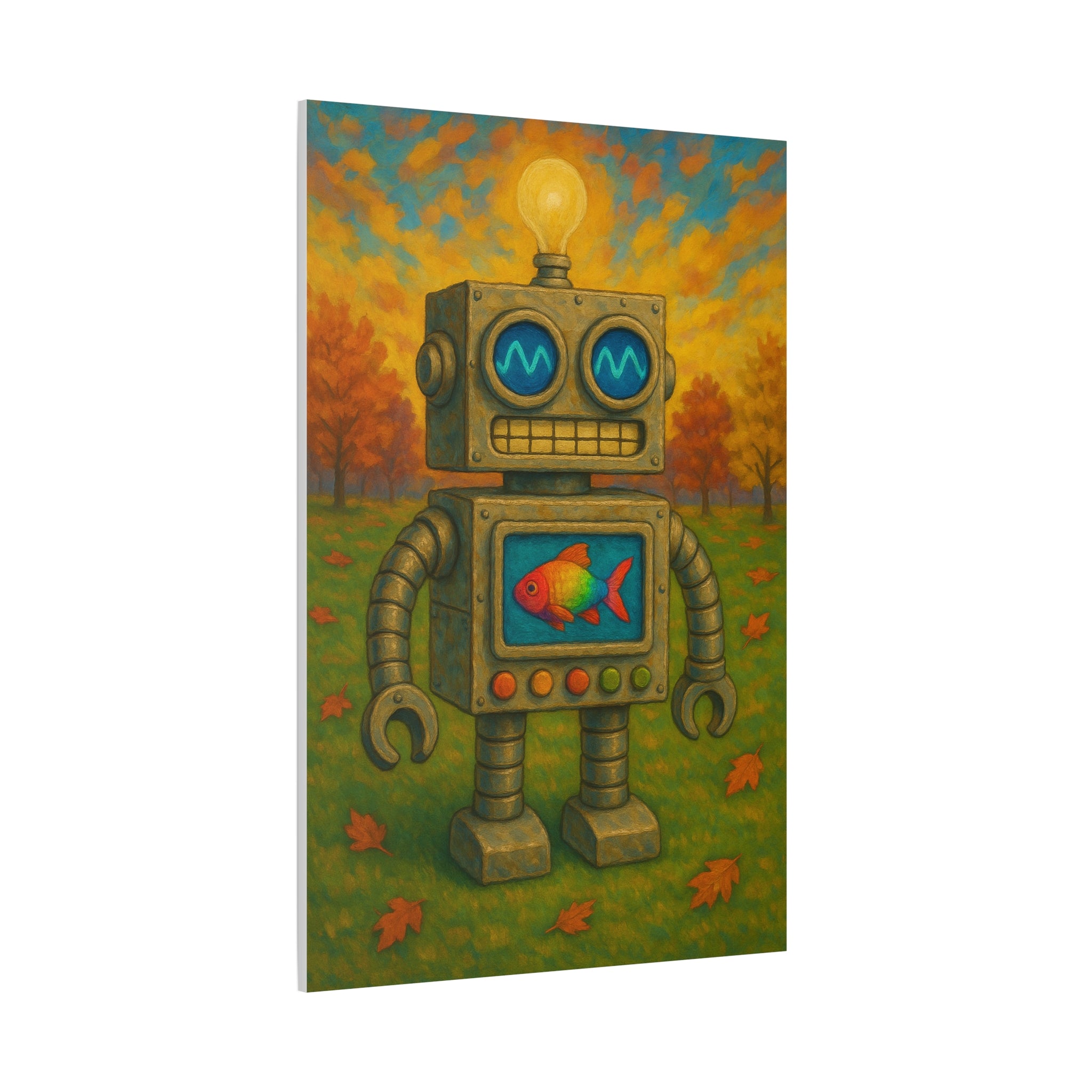 Whimsical Robot & Rainbow Fish – Fall Landscape Canvas Wall Art. Bring warmth and wonder home with this colorful fall-themed robot painting. A playful mix of nature, creativity, and curiosity.
