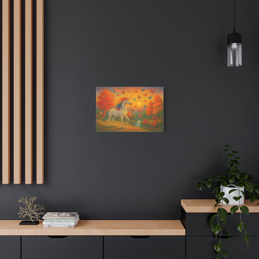 Whimsical Unicorn at Sunset, Rainbow Butterflies Fantasy Canvas Wall Art for Kids and Dreamers, A Magical Rainbow Moment in Nature
