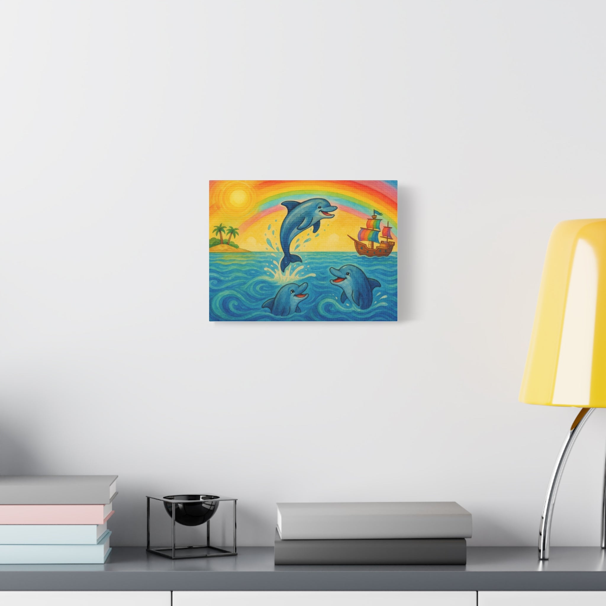 Colorful Dolphin Canvas Wall Art, Nautical Home Decor, Beach Vibes, Kids Bedroom Wall Art, Ocean-Themed Gift, Bright Rainbow Print