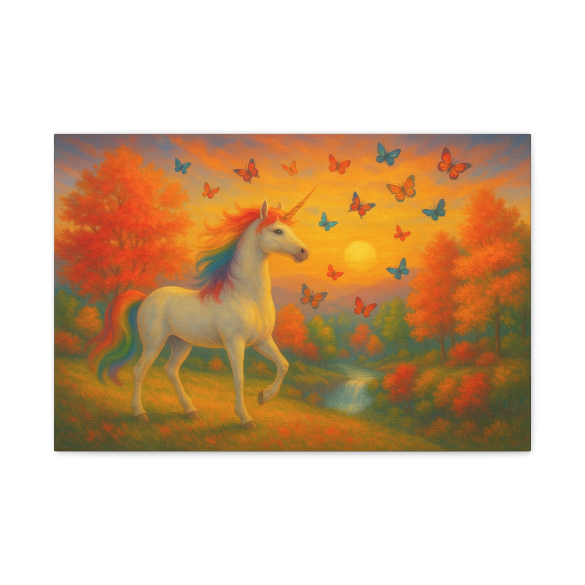 Whimsical Unicorn at Sunset, Rainbow Butterflies Fantasy Canvas Wall Art for Kids and Dreamers, A Magical Rainbow Moment in Nature