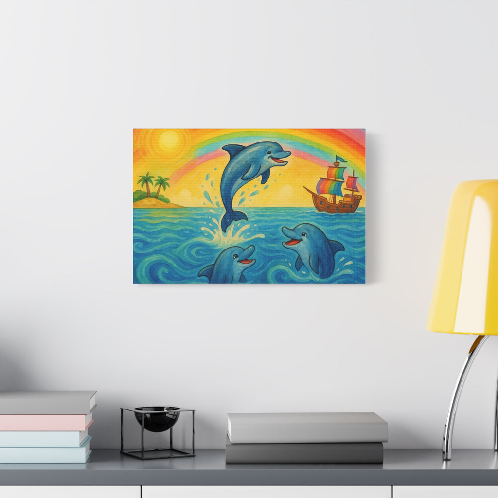 Colorful Dolphin Canvas Wall Art, Nautical Home Decor, Beach Vibes, Kids Bedroom Wall Art, Ocean-Themed Gift, Bright Rainbow Print