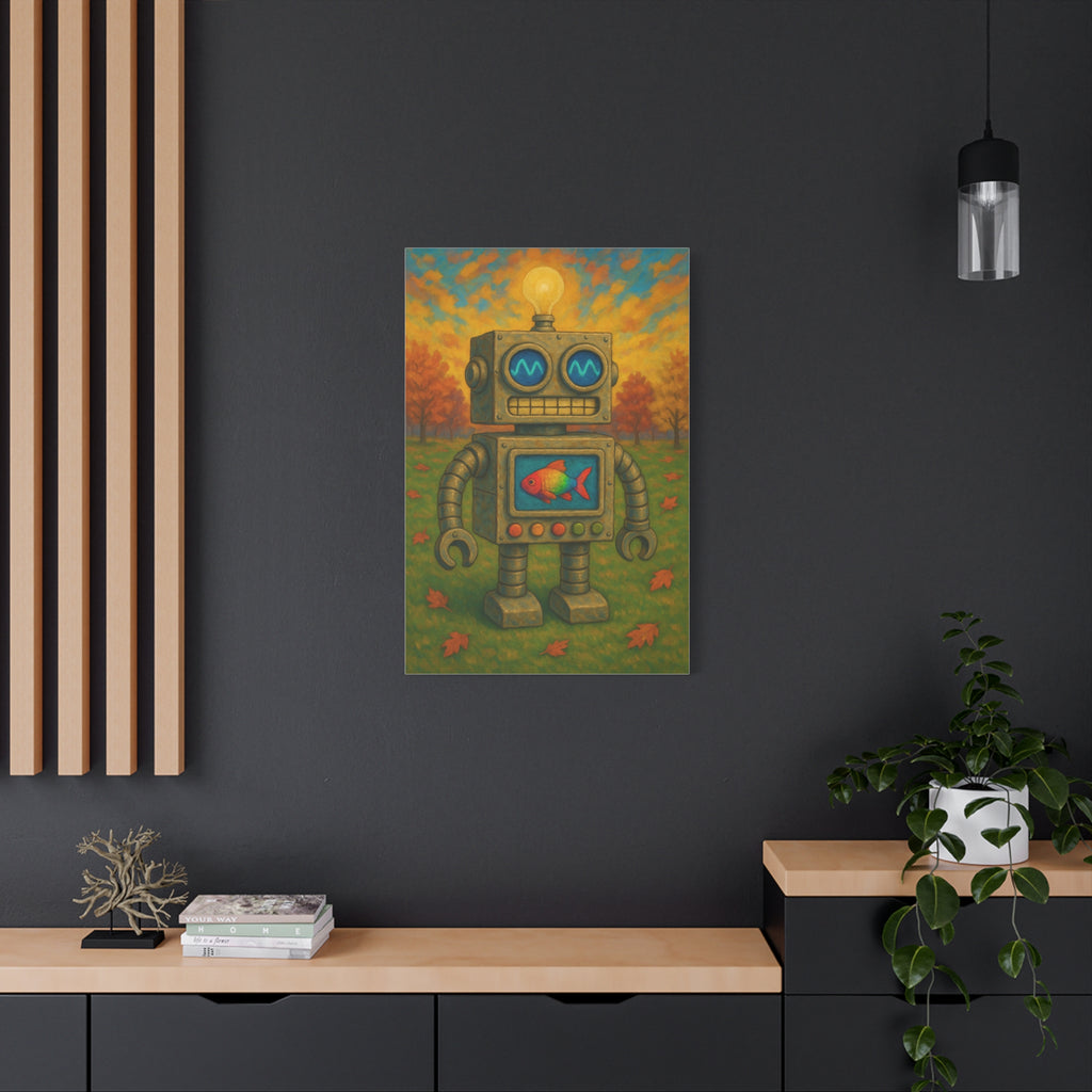 Whimsical Robot & Rainbow Fish – Fall Landscape Canvas Wall Art. Bring warmth and wonder home with this colorful fall-themed robot painting. A playful mix of nature, creativity, and curiosity.