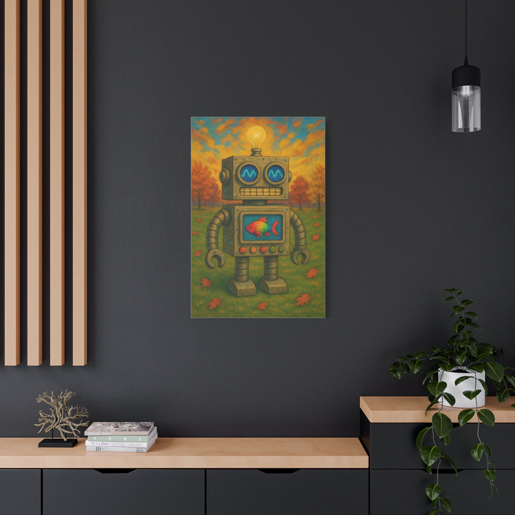 Whimsical Robot & Rainbow Fish – Fall Landscape Canvas Wall Art. Bring warmth and wonder home with this colorful fall-themed robot painting. A playful mix of nature, creativity, and curiosity.