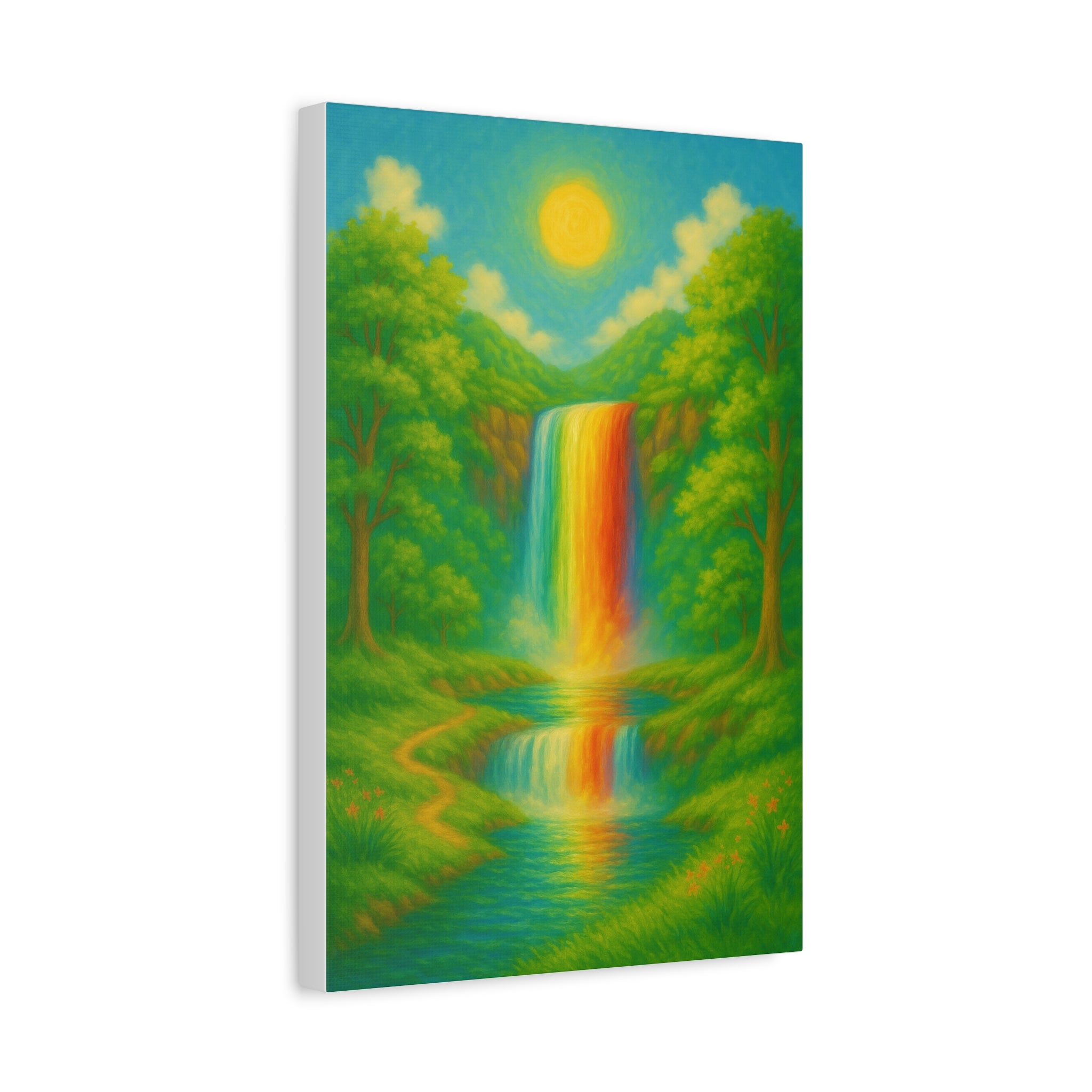 Rainbow Waterfall Landscape, Vibrant Nature Wall Art with Golden Sun and Lush Green Forest