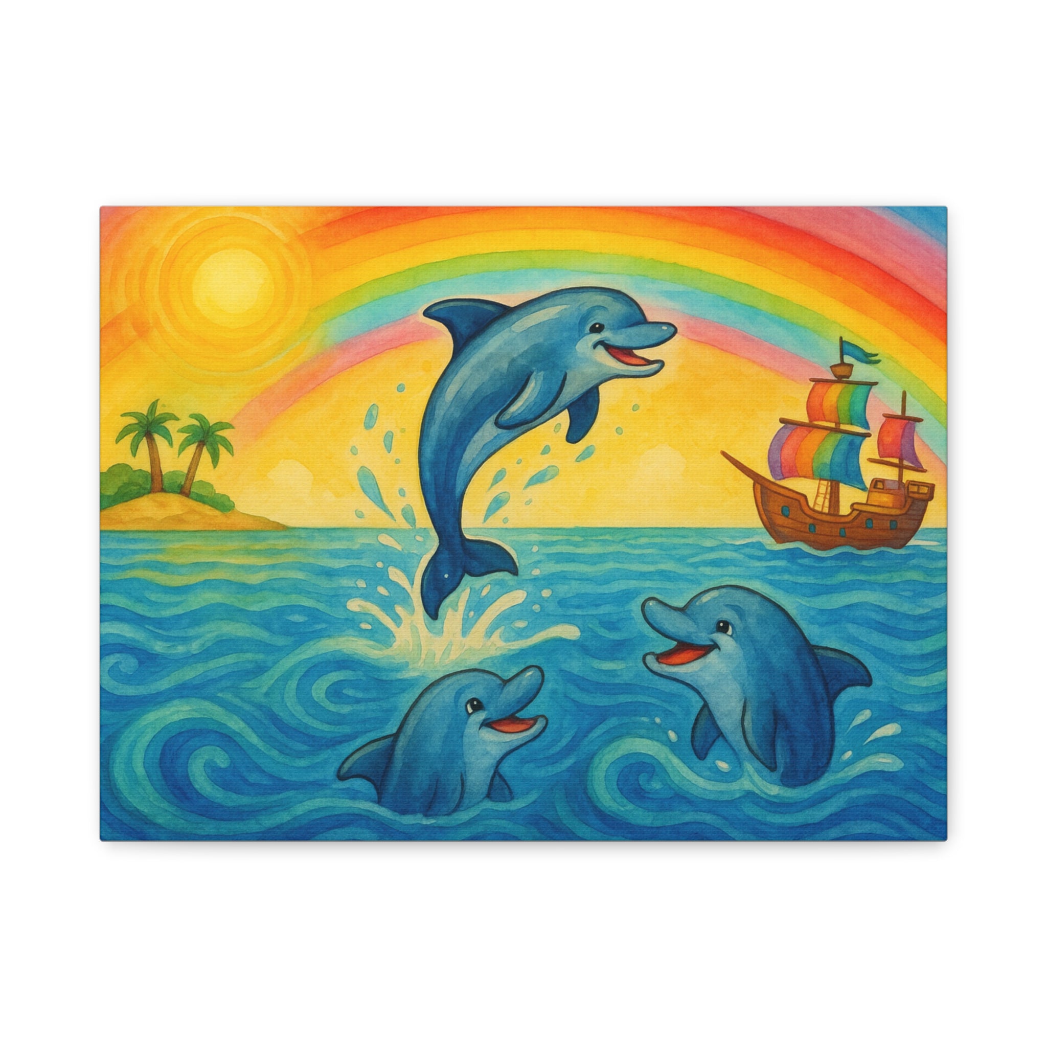 Colorful Dolphin Canvas Wall Art, Nautical Home Decor, Beach Vibes, Kids Bedroom Wall Art, Ocean-Themed Gift, Bright Rainbow Print