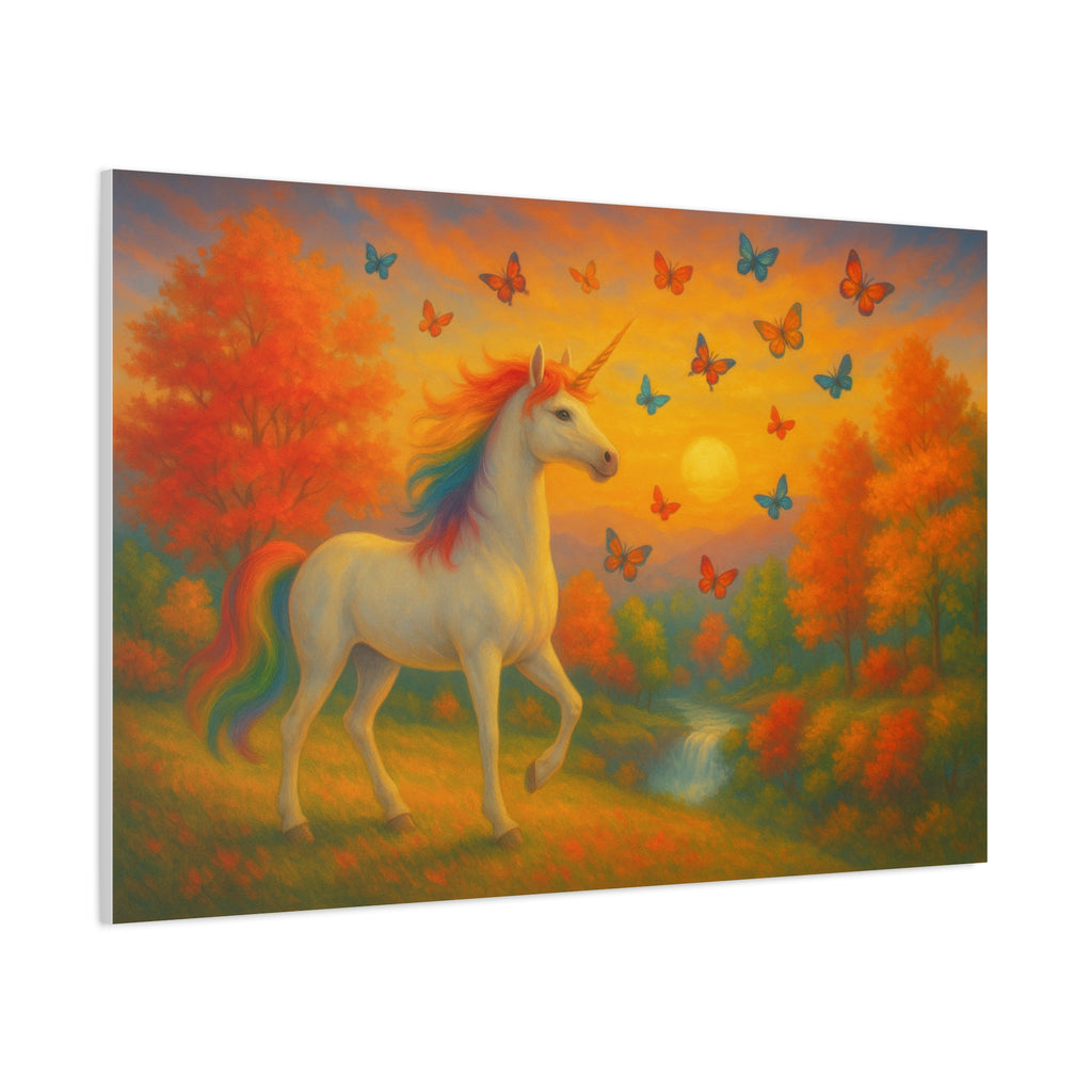 Whimsical Unicorn at Sunset, Rainbow Butterflies Fantasy Canvas Wall Art for Kids and Dreamers, A Magical Rainbow Moment in Nature
