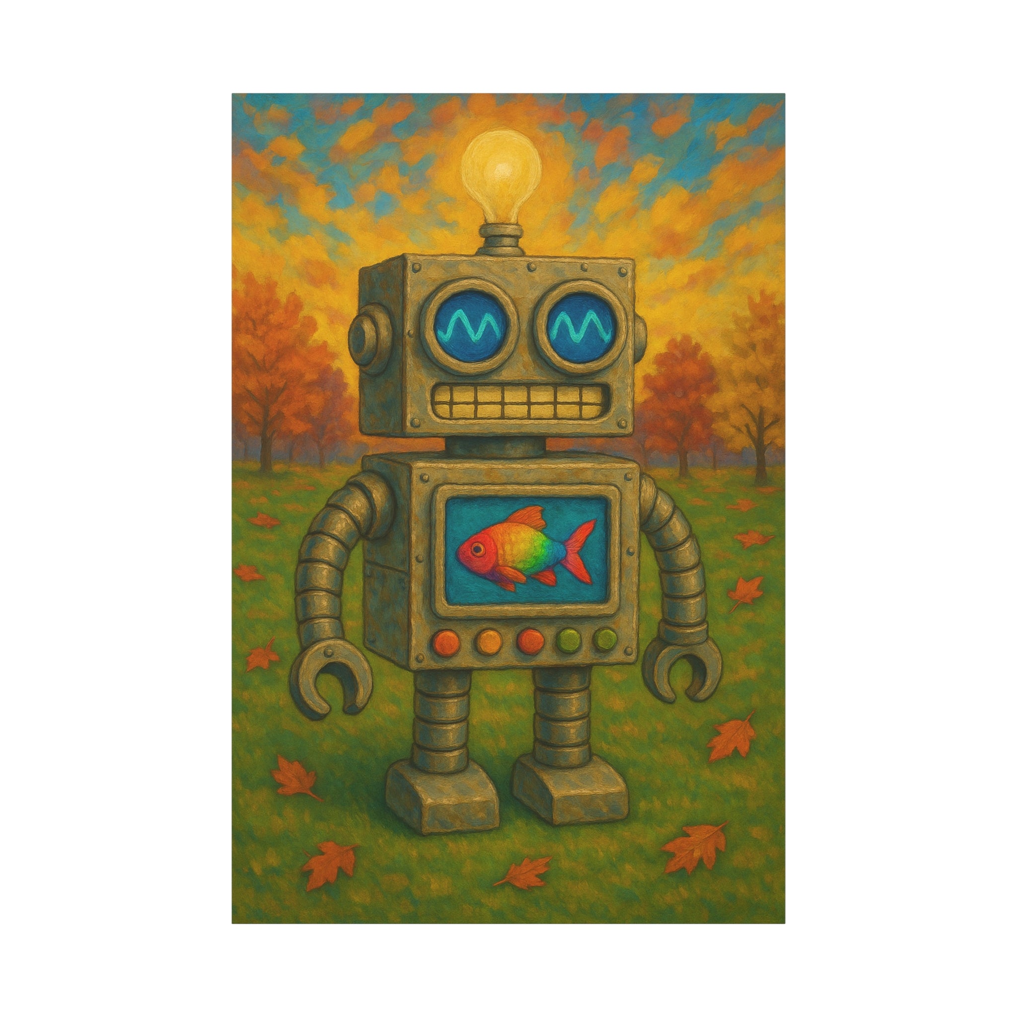 Whimsical Robot & Rainbow Fish – Fall Landscape Canvas Wall Art. Bring warmth and wonder home with this colorful fall-themed robot painting. A playful mix of nature, creativity, and curiosity.