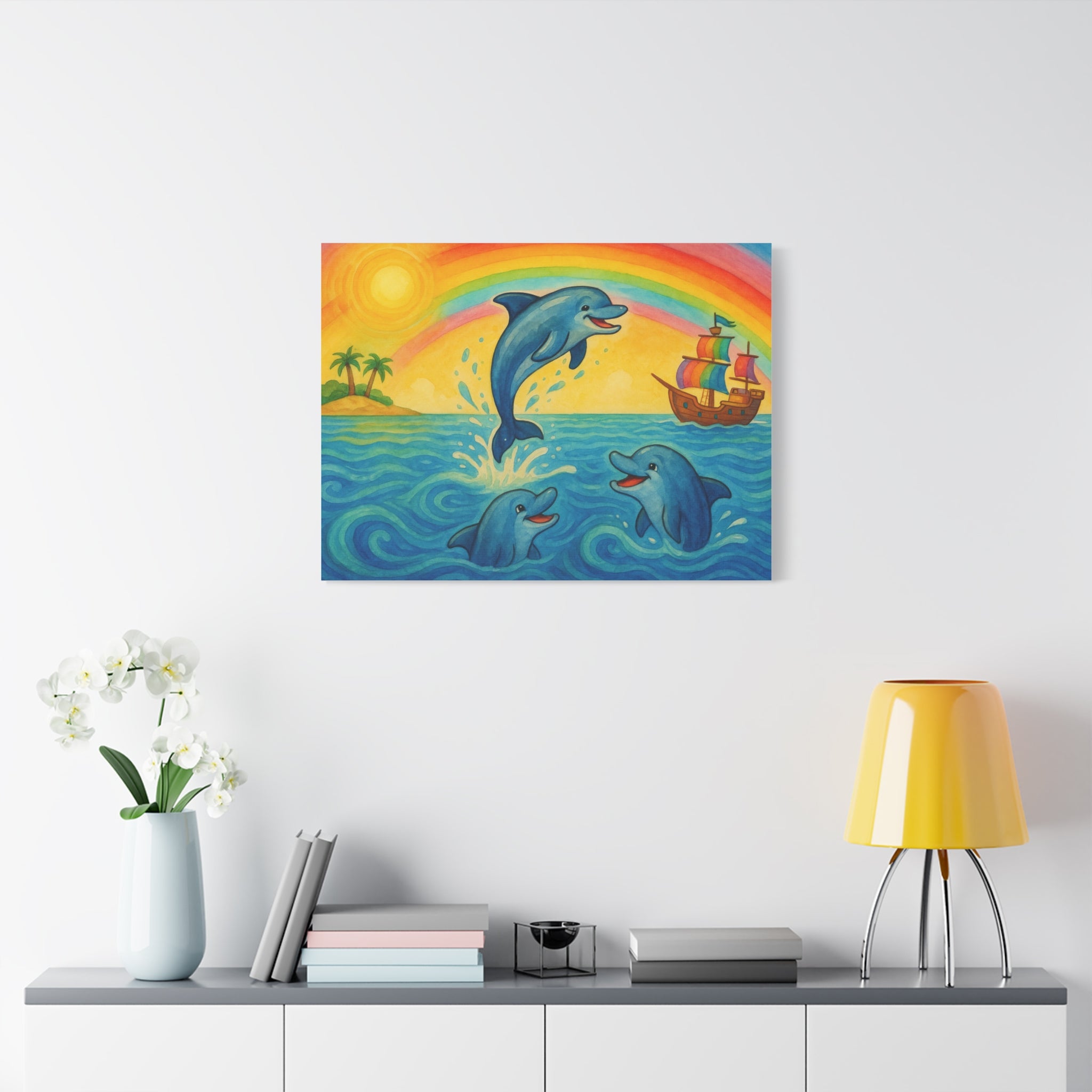 Colorful Dolphin Canvas Wall Art, Nautical Home Decor, Beach Vibes, Kids Bedroom Wall Art, Ocean-Themed Gift, Bright Rainbow Print
