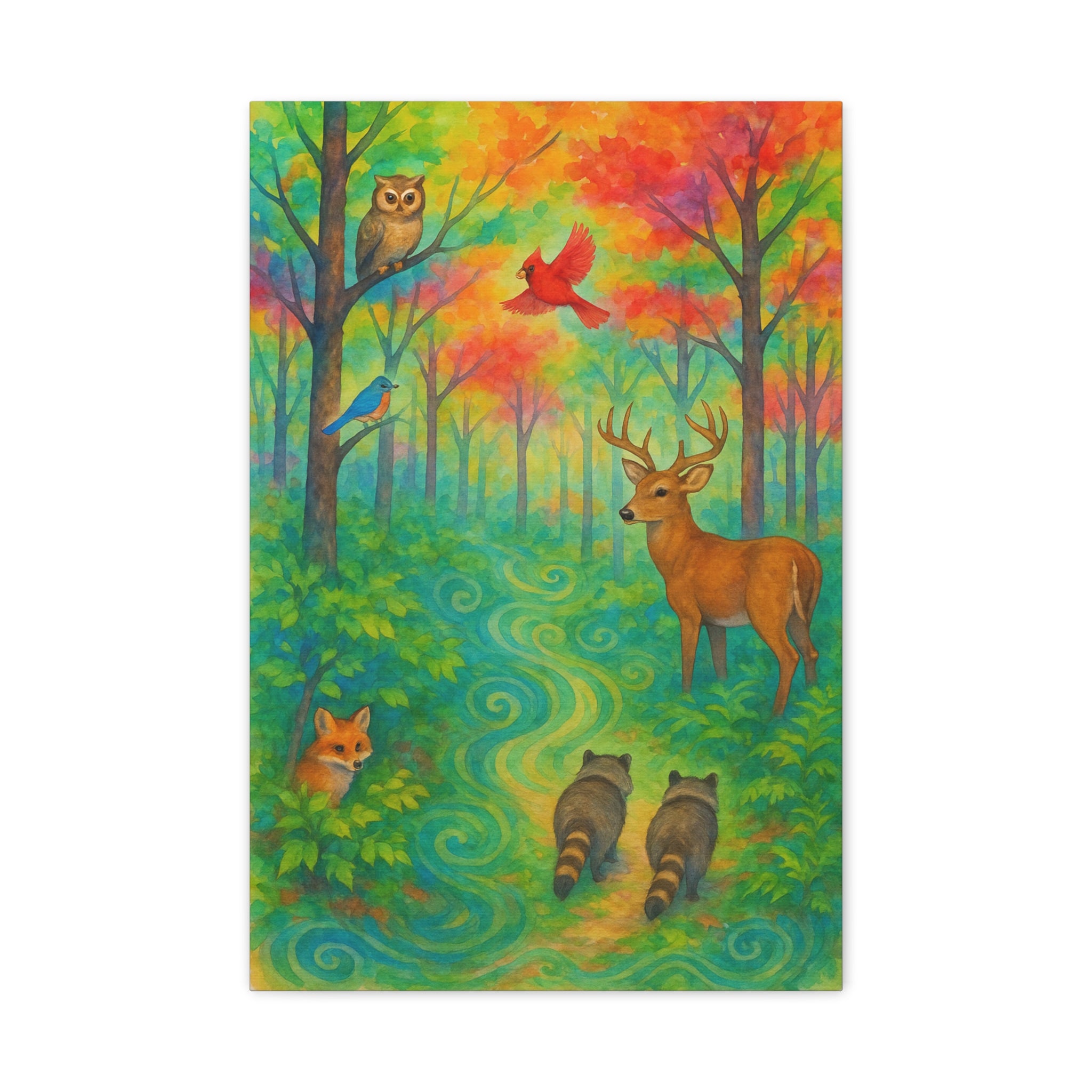 Rainbow Woodland Watercolor Painting – Vibrant Forest with Deer, Fox, Raccoons, and Birds | Nature Wall Art for Living Room or Nursery