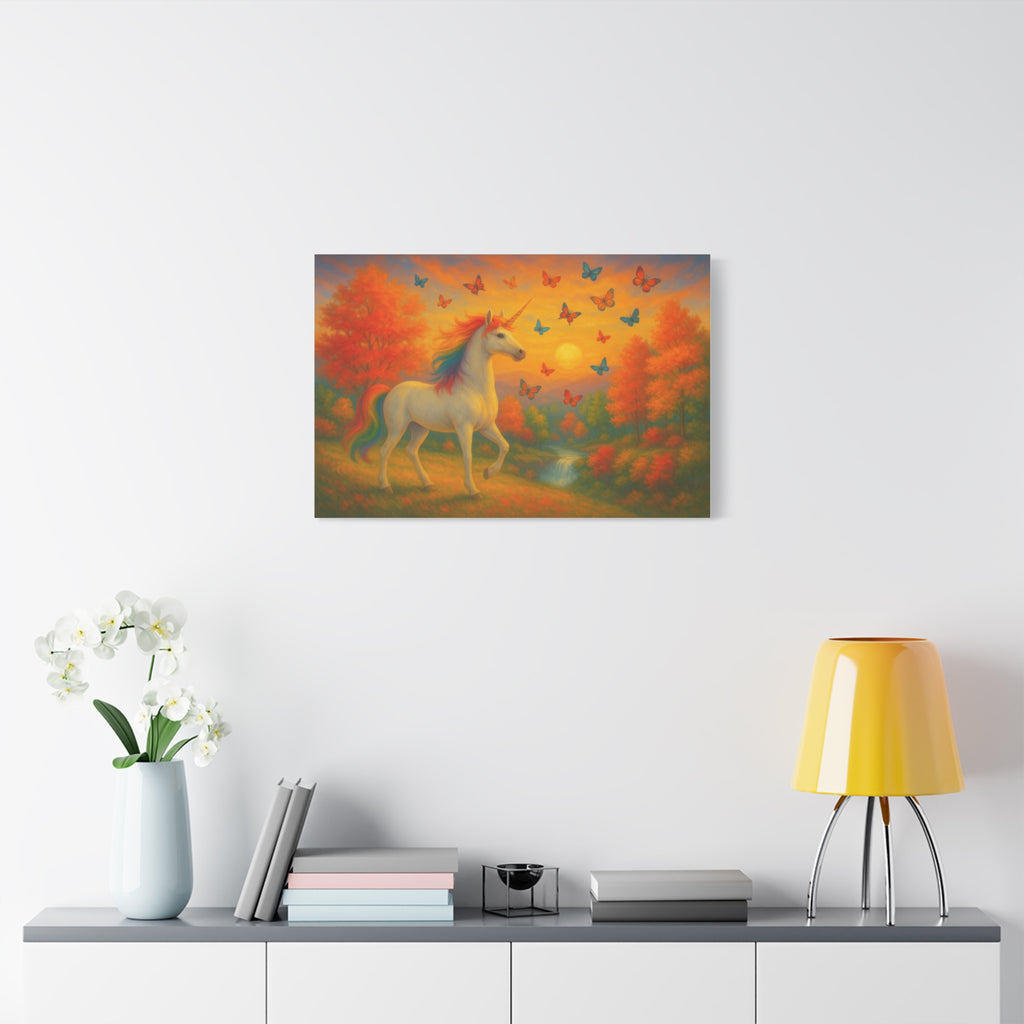 Whimsical Unicorn at Sunset, Rainbow Butterflies Fantasy Canvas Wall Art for Kids and Dreamers, A Magical Rainbow Moment in Nature