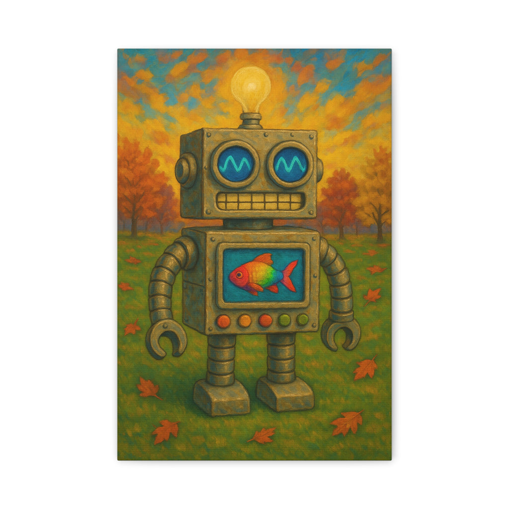 Whimsical Robot & Rainbow Fish – Fall Landscape Canvas Wall Art. Bring warmth and wonder home with this colorful fall-themed robot painting. A playful mix of nature, creativity, and curiosity.